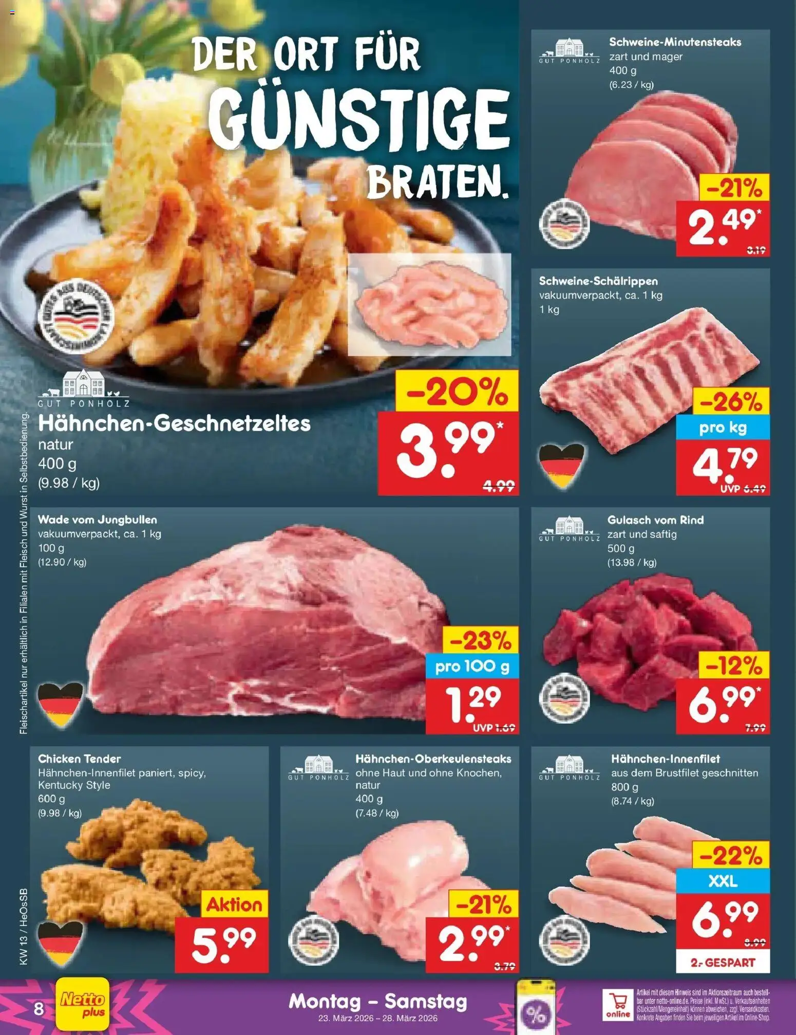 Netto Marken-Discount Prospekt Kröpelin	 – gültig ab 23.03.2026 | Seite: 8 | Produkte: Gulasch, Wurst, Fleisch