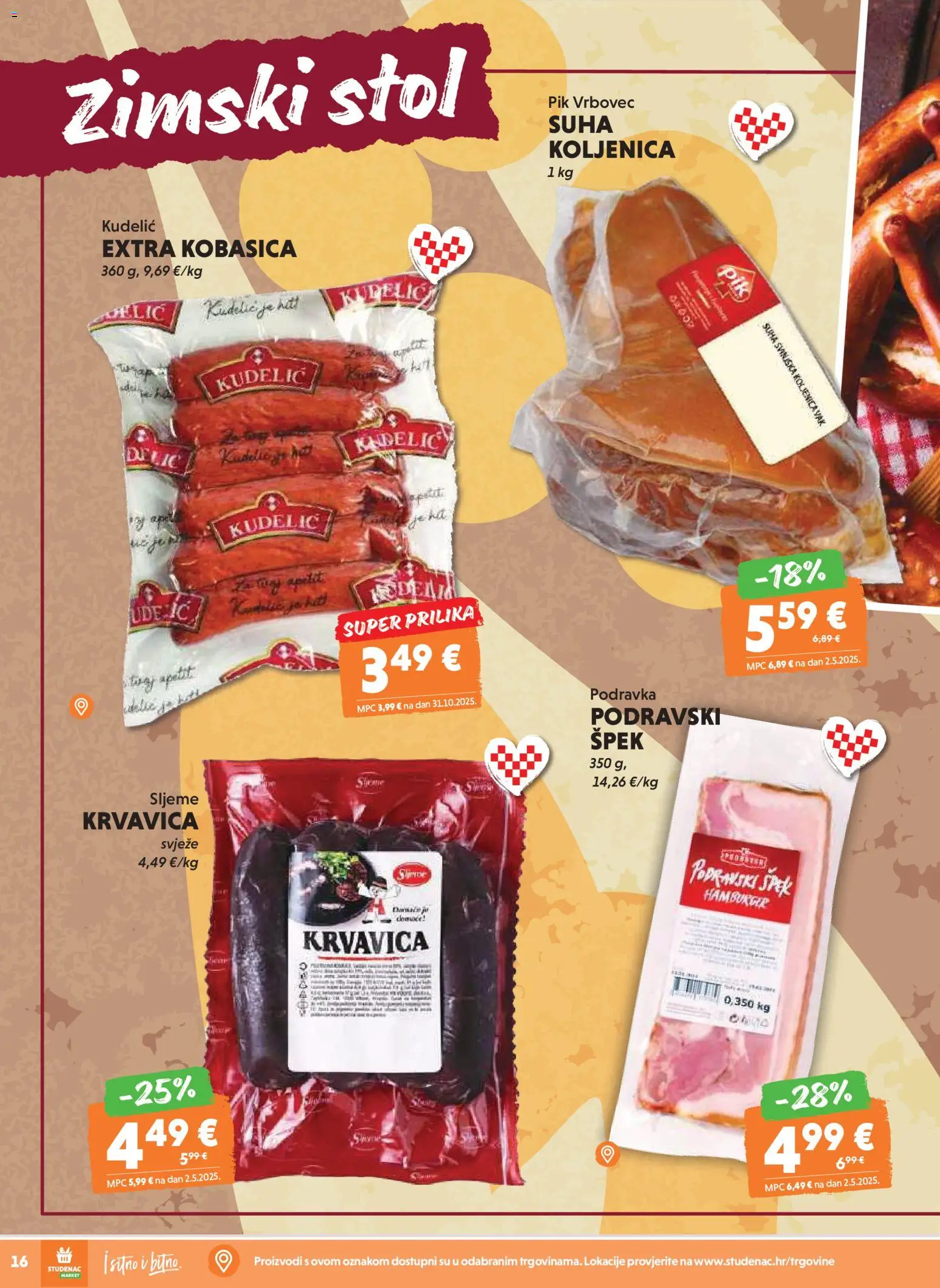 Studenac katalog | vrijedi od 19.11.2025 | Stranica: 16 | Proizvodi: Stol, Kobasica, Pik Vrbovec, Hamburger