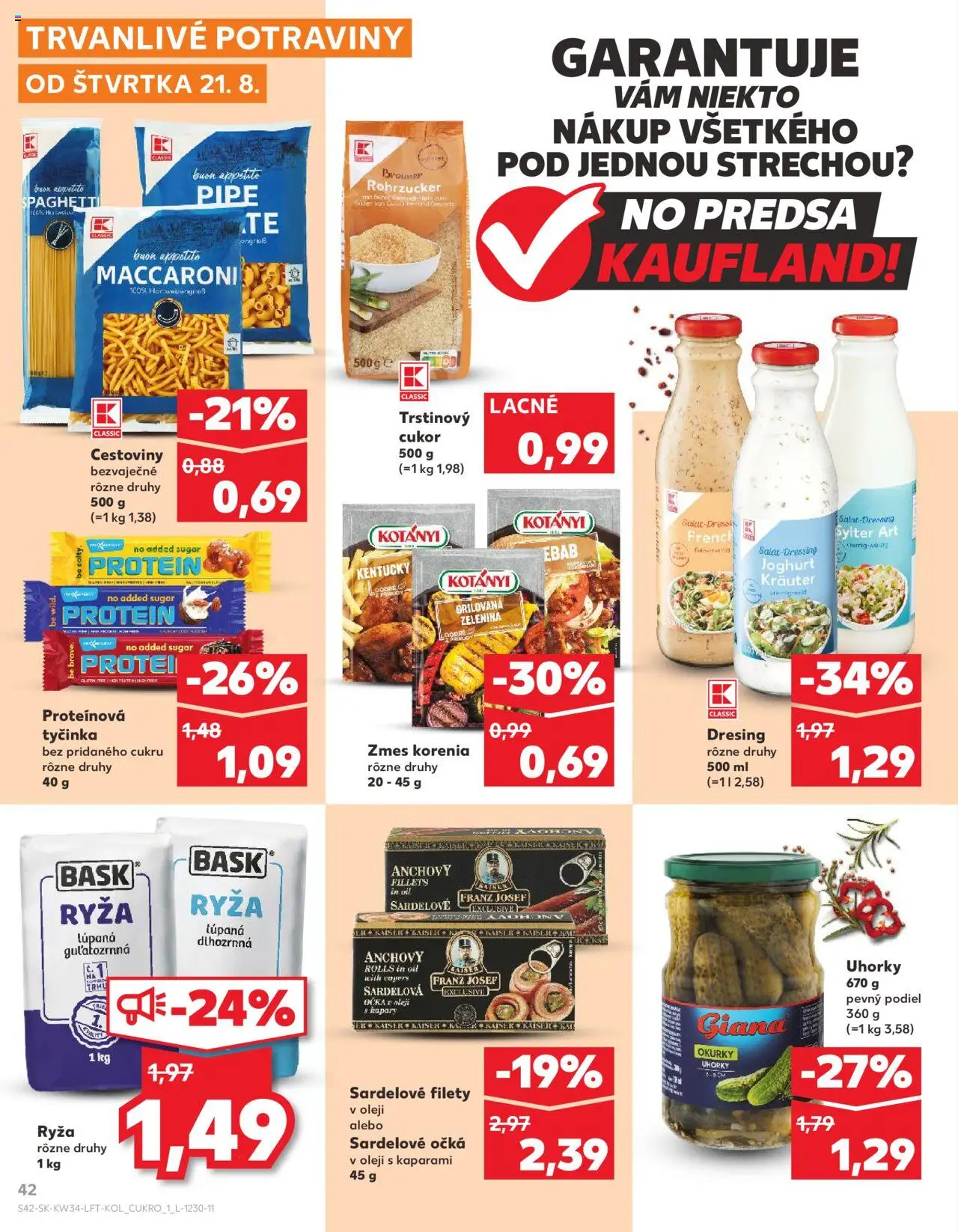 Kaufland Senica │ platný od 21.08.2025 | Strana: 42 | Produkty: Ryža, Cestoviny, Trstinový cukor, Uhorky