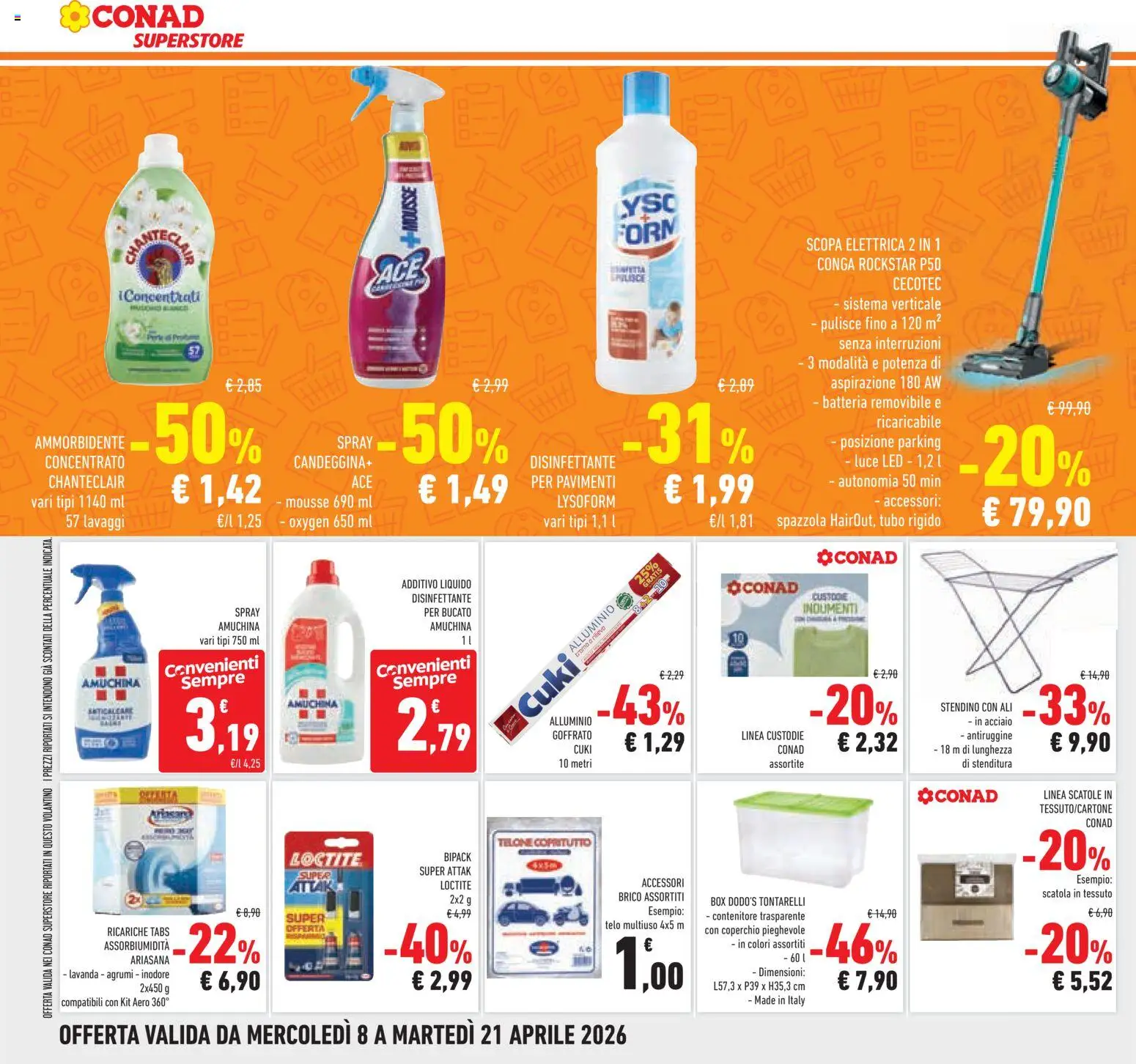 Volantino Conad del 08.04.2026 | Pagina: 30 | Prodotti: Spray disinfettante, Ammorbidente, Stendino, Scatola