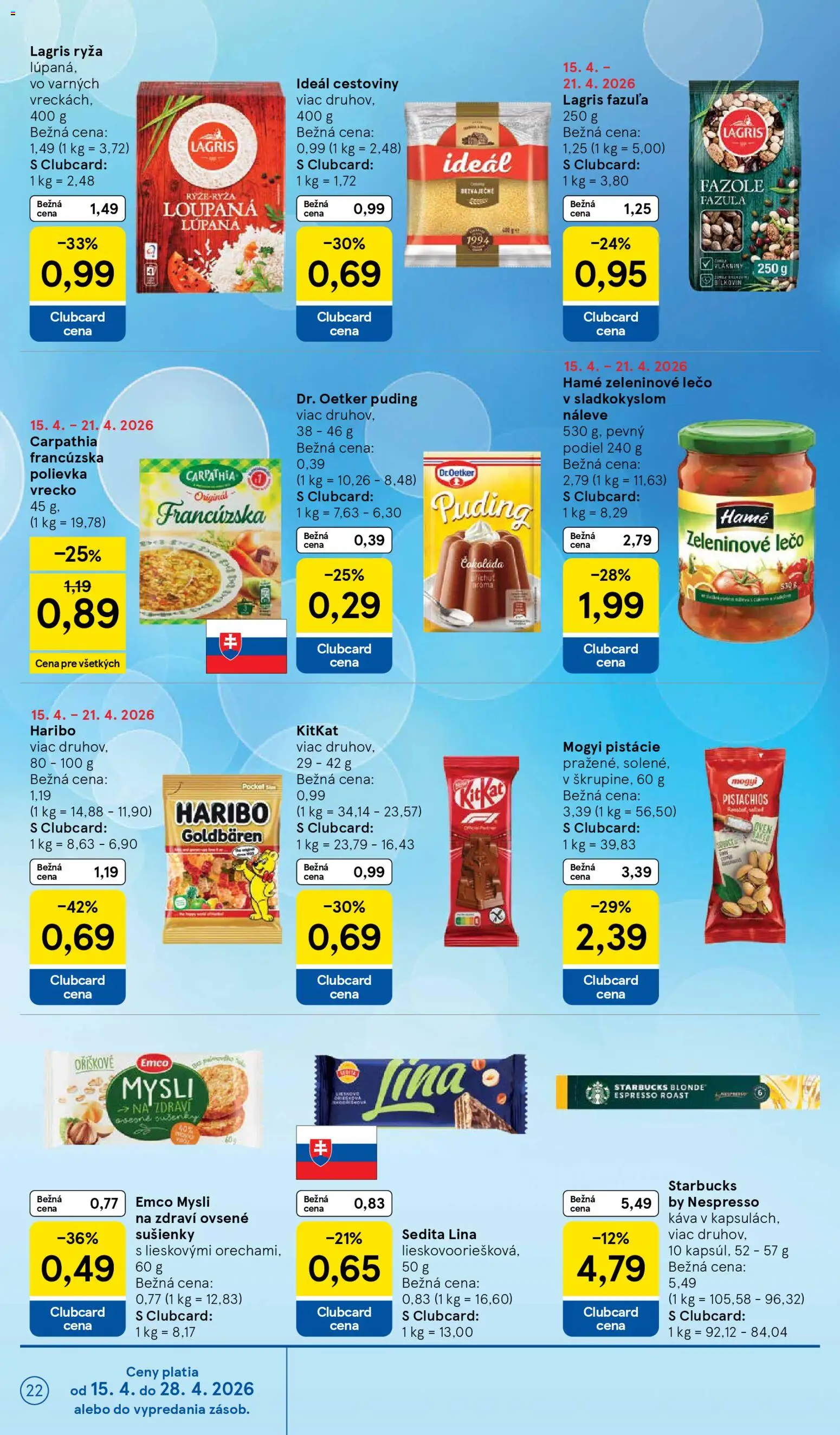 Nové Tesco akcie – leták je platný od 15.04.2026 | Strana: 22 | Produkty: Ryža, Puding, Fazuľa, Čokoláda