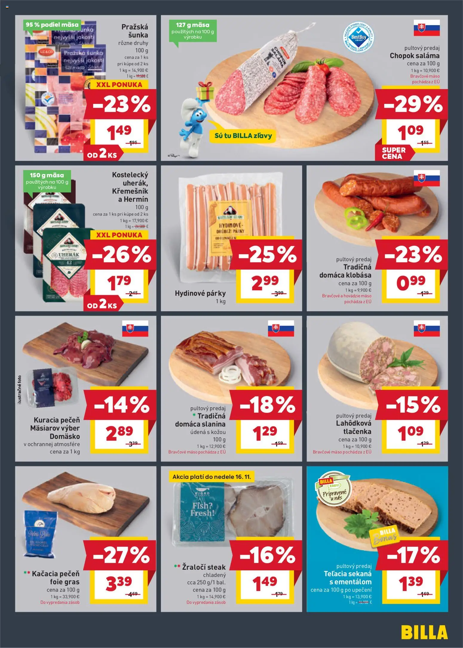 Nové Billa akcie – leták je platný od 12.11.2025 | Strana: 5 | Produkty: Saláma, Šunka, Slanina, Hovädzie mäso