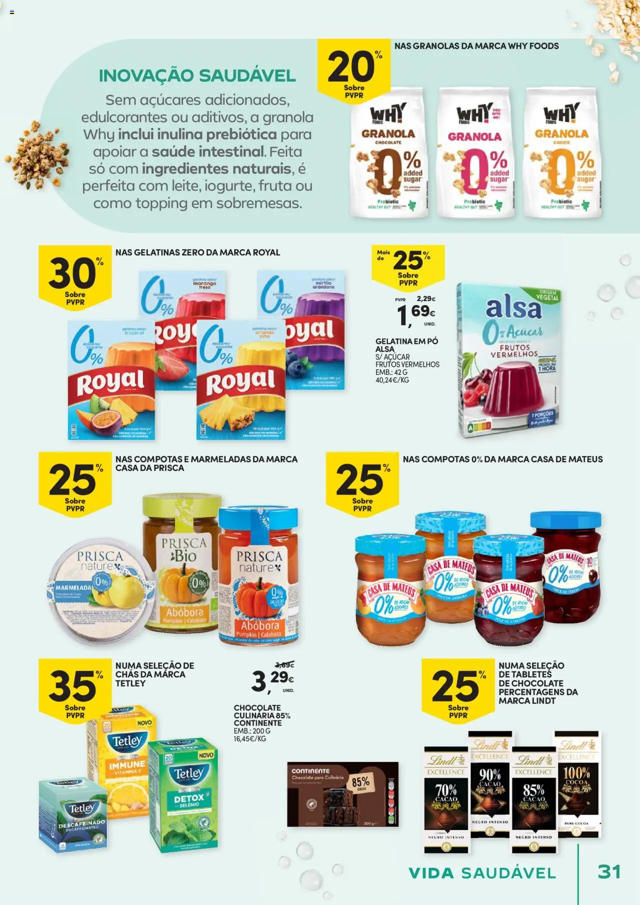 Continente - Vida Saudável: É de quem quer comer bem sem ginástica na carteira │ válido de 21.10.2025 | Página: 31 | Produtos: Gelatina, Granola, Chocolate, Açúcar