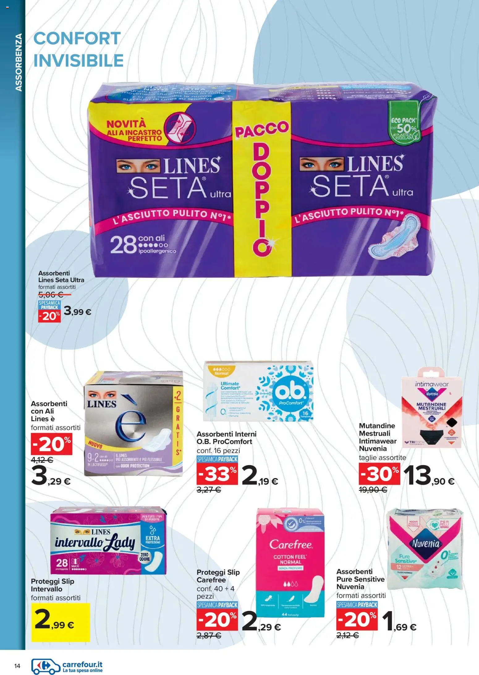Volantino Carrefour del 07.11.2025 | Pagina: 14 | Prodotti: Proteggi slip, Mutandine, Slip, Profumo
