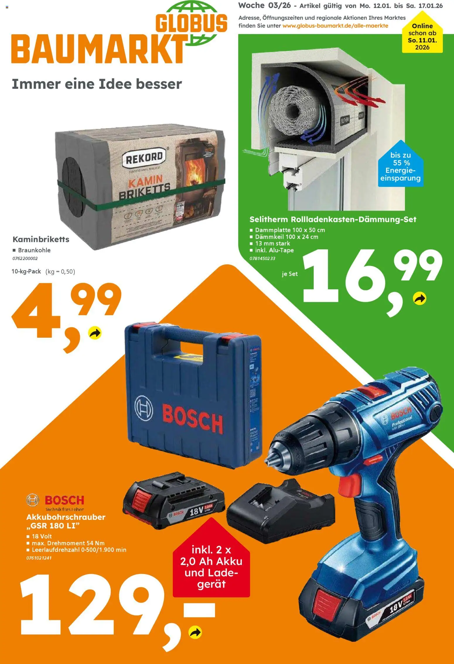 Globus Baumarkt Weinstadt-Endersbach – gültig ab 11.01.2026 | Seite: 1 | Produkte: Bosch, Kamin