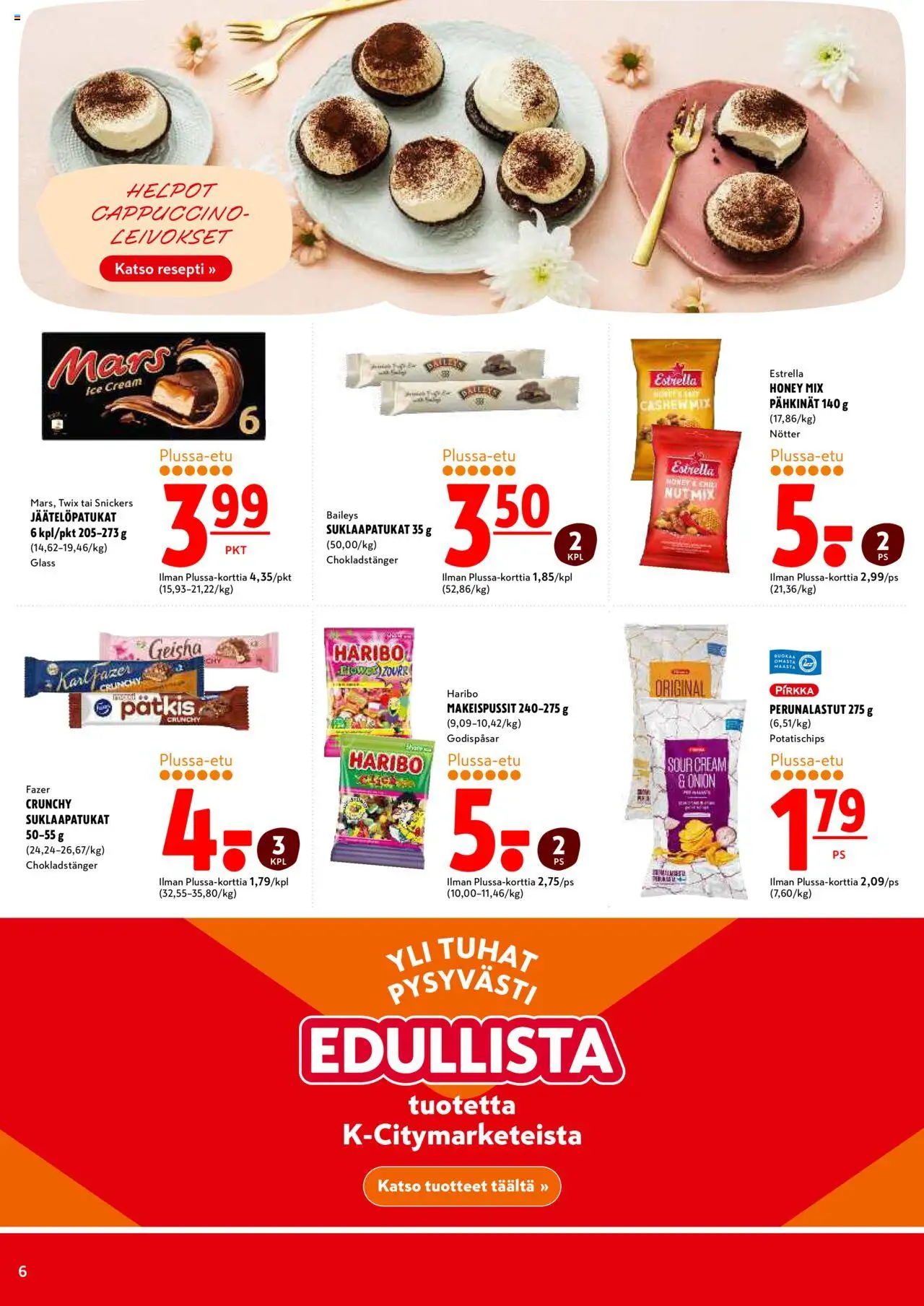 K-Citymarket tarjoukset – voimassa 25.09.2025 alkaen | Sivu: 6 | Tuotteet: Makeispussit, Chili, Suklaapatukat, Pähkinät
