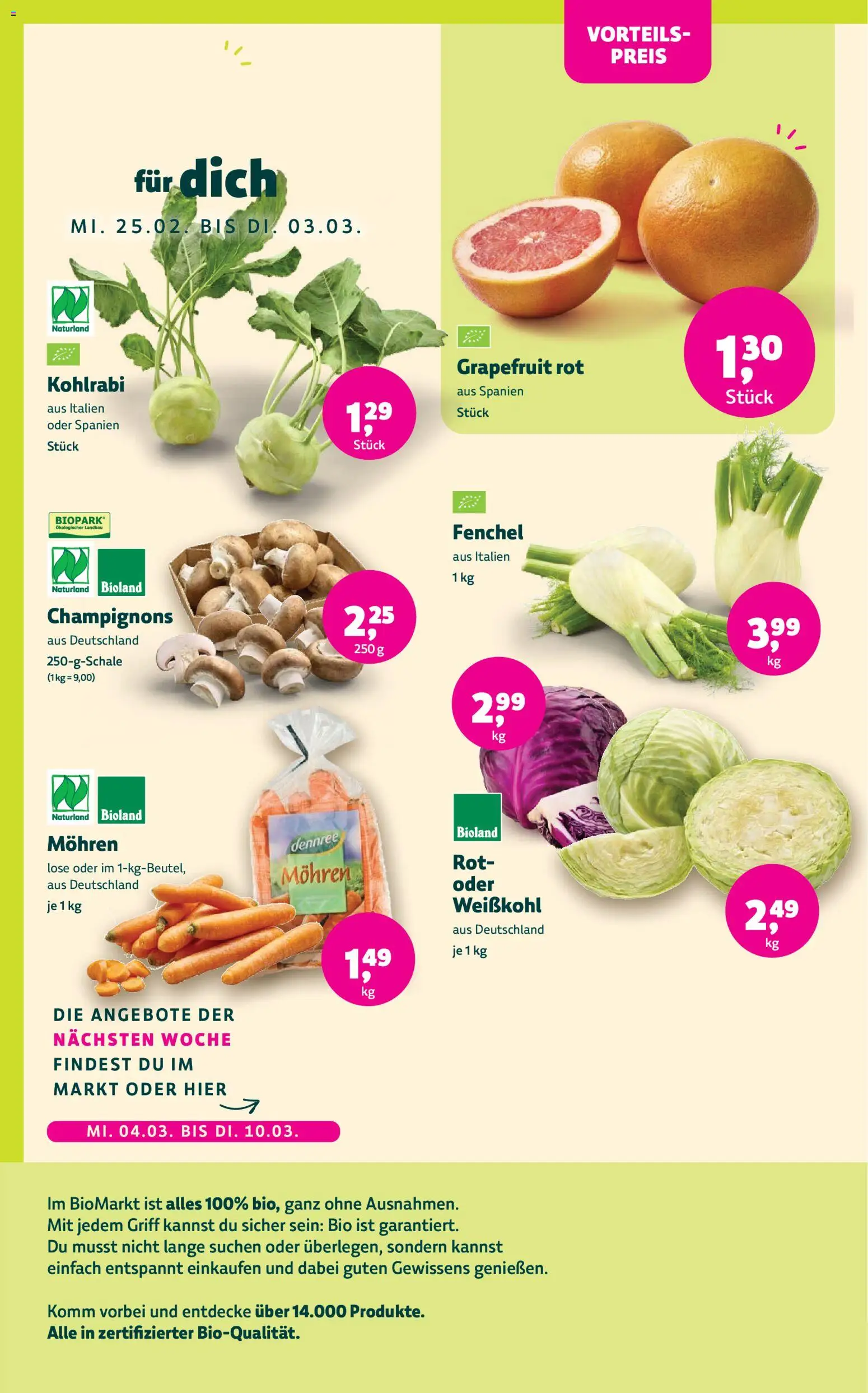 BioMarkt Prospekt – gültig ab 25.02.2026 | Seite: 4 | Produkte: Kohlrabi, Mohren, Champignons, Grapefruit