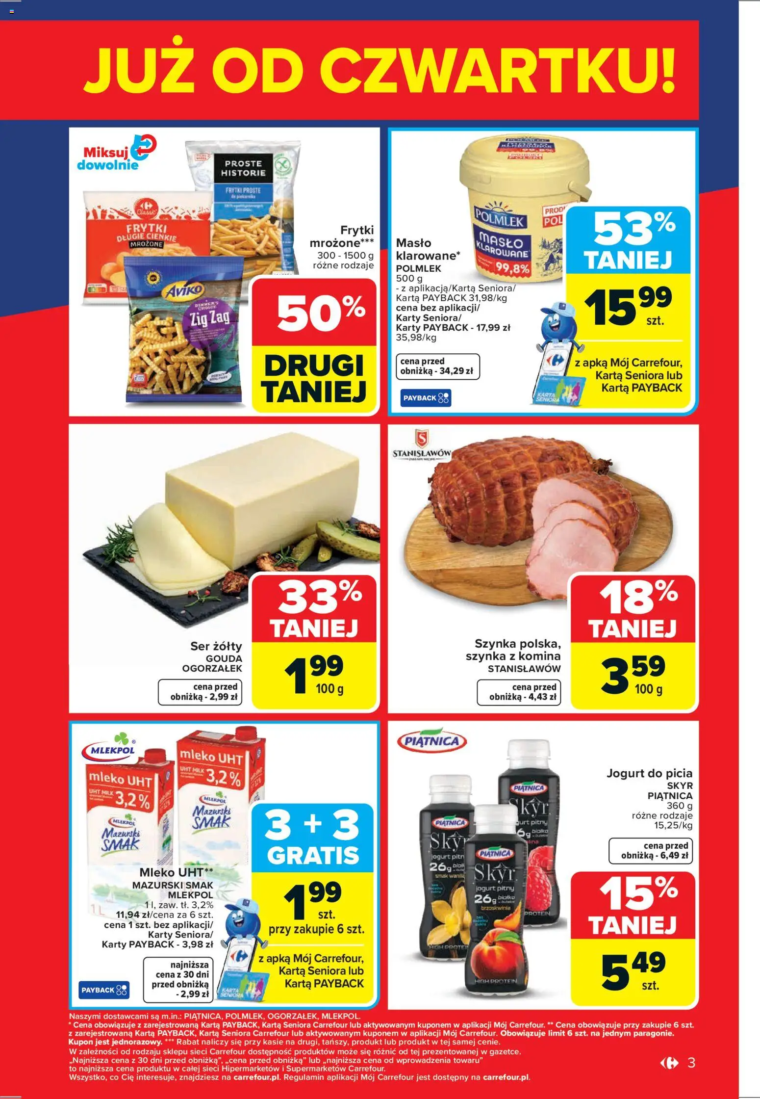 Carrefour Gazetka - Weekend okazji od 15.01.2026 | Strona: 3 | Produkty: Szynka, Mleko, Ser, Skyr