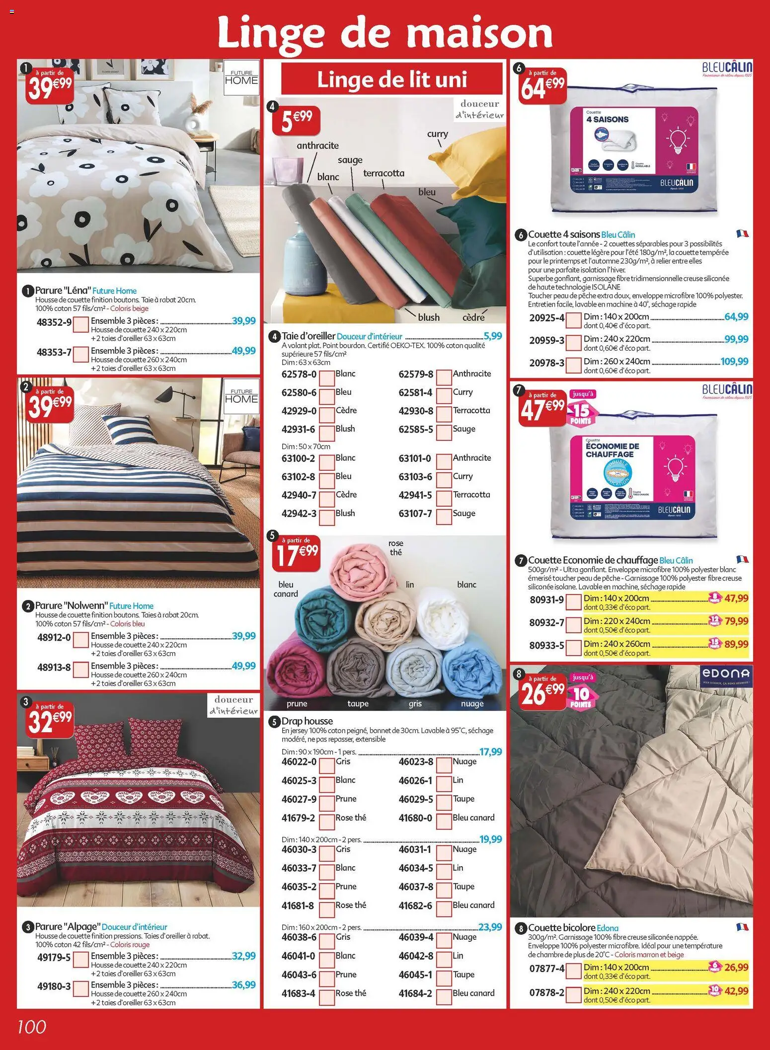 {H1} | Page: 100 | Produits: Taie d'oreiller, Enveloppe, Lit, La couette