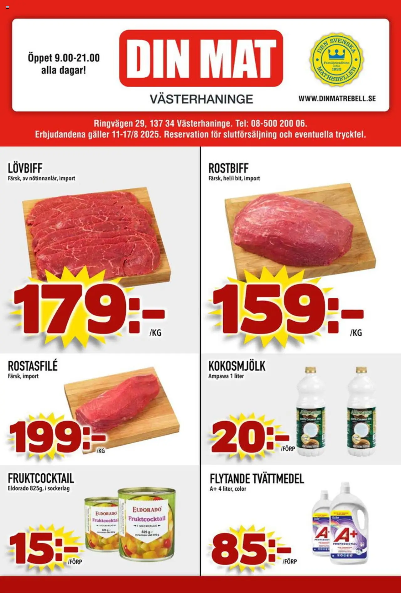Din Mat reklamblad aktuell från 11.08.2025 | Sida: 1 | Produkter: Tvättmedel, Galler, Lövbiff