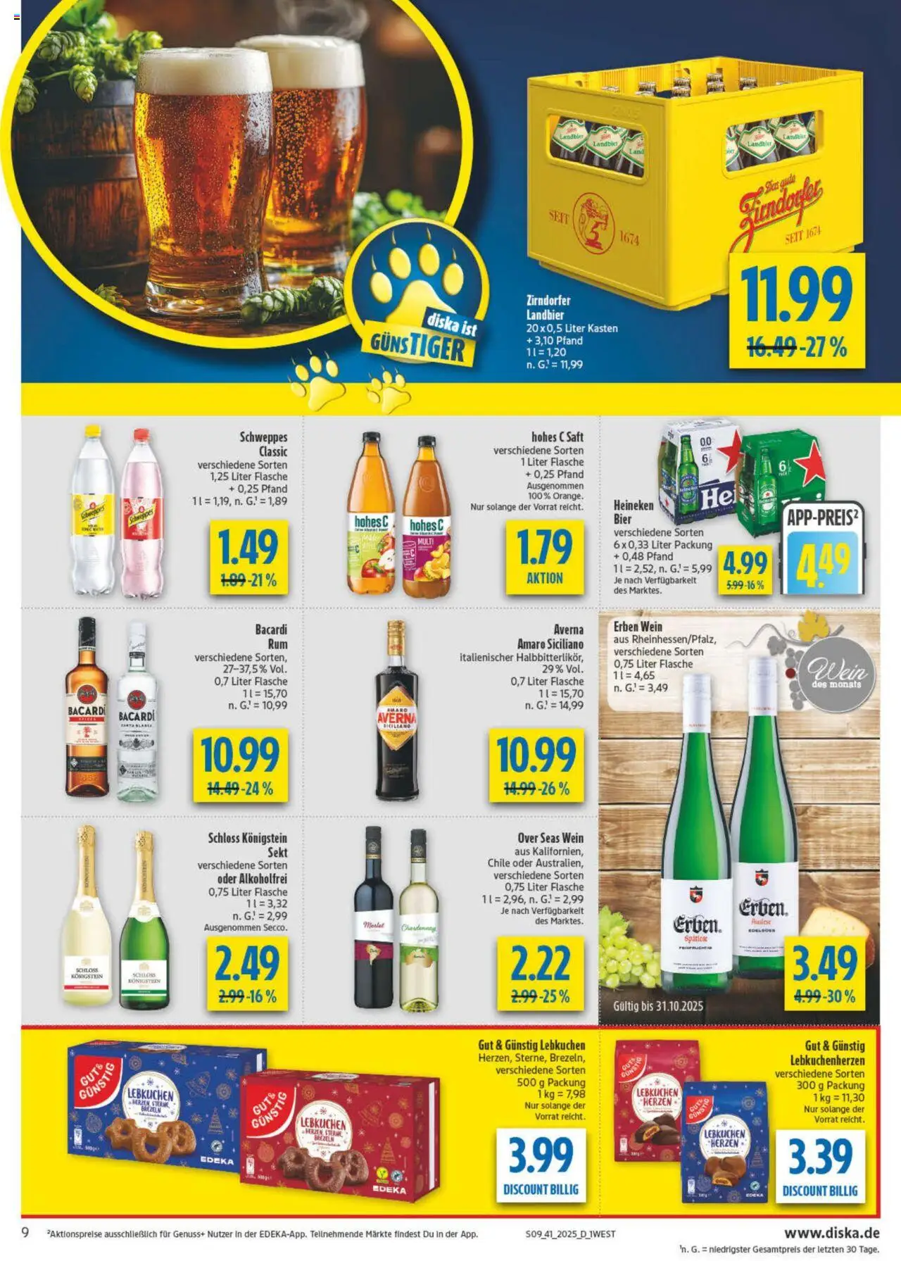 Diska - diska Angebote Bayern KW41 – gültig ab 06.10.2025 | Seite: 9 | Produkte: Bacardi, Schweppes, Hohes c, Saft