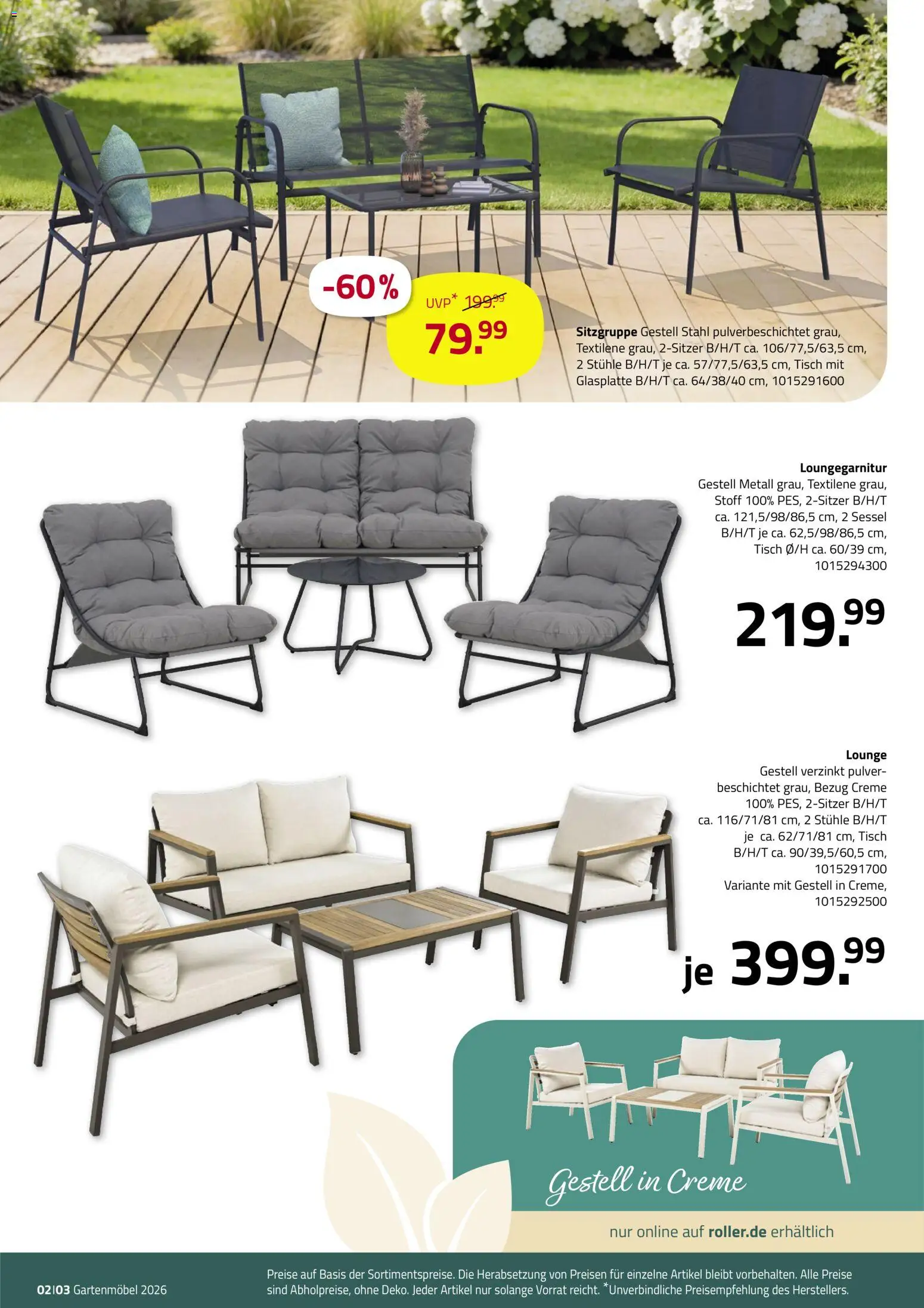 Roller Garten looks – gültig ab 23.02.2026 | Seite: 2 | Produkte: Sessel, Tisch, Gartenmöbel, Creme