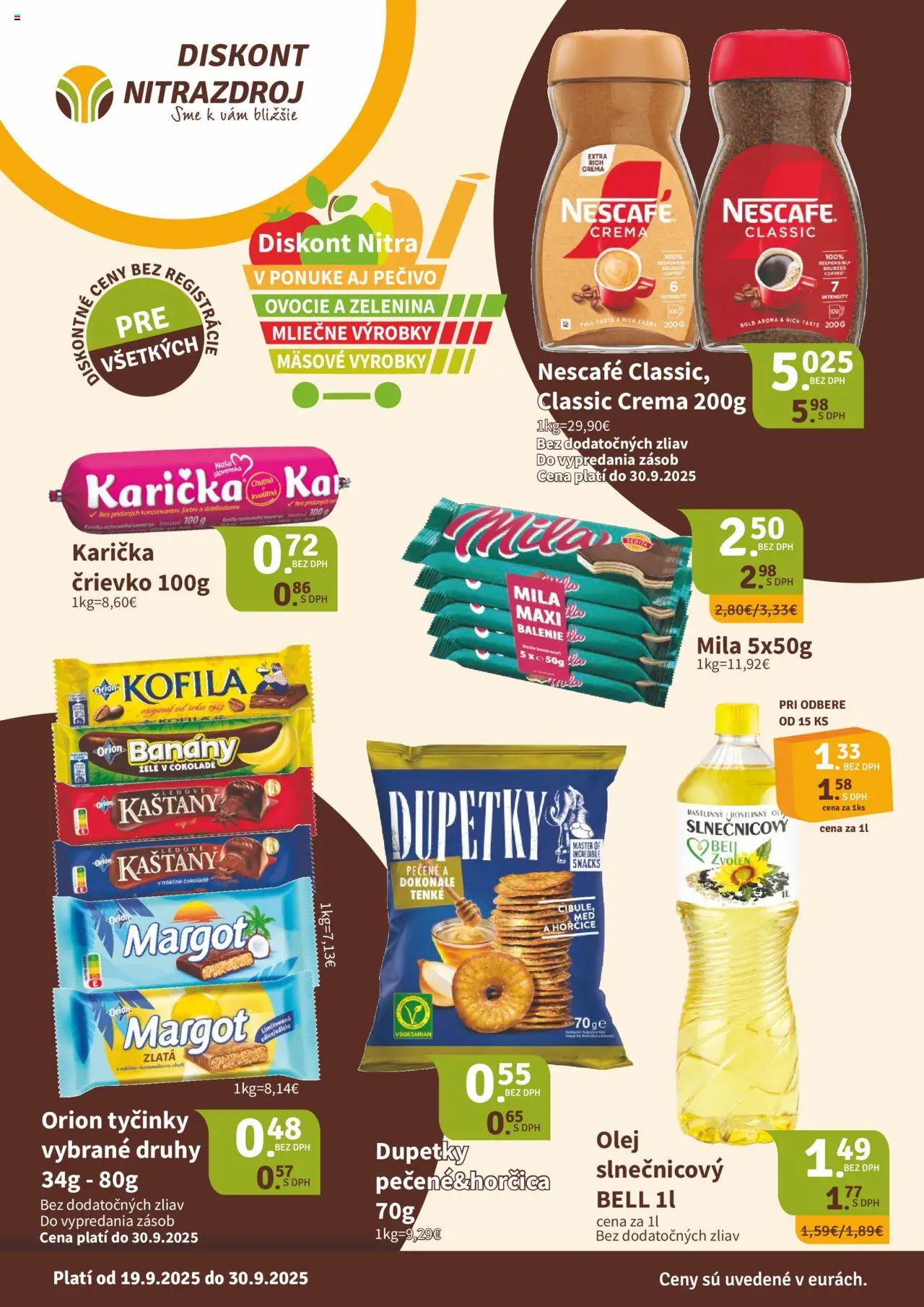 Nové Nitrazdroj akcie – leták je platný od 19.09.2025 | Strana: 1 | Produkty: Olej, Banány, Mila, Ovocie