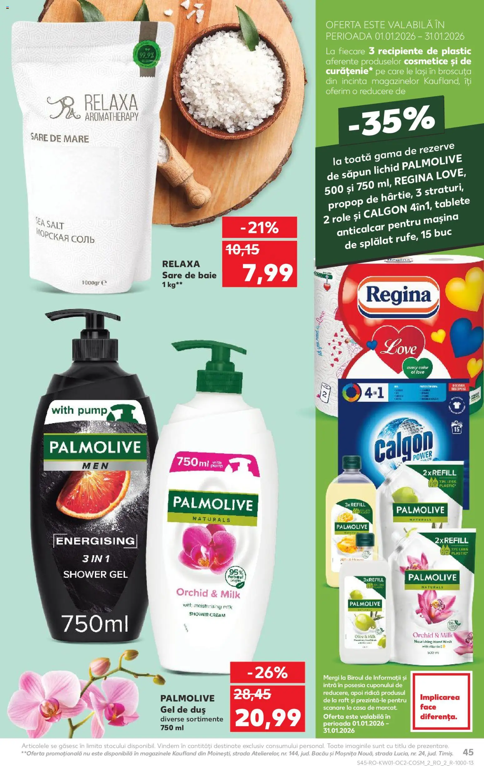 Noul catalog Kaufland – valabil de la 31.12.2025 | Pagină: 45 | Produse: Role, Recipiente, Gel de duș, Sare
