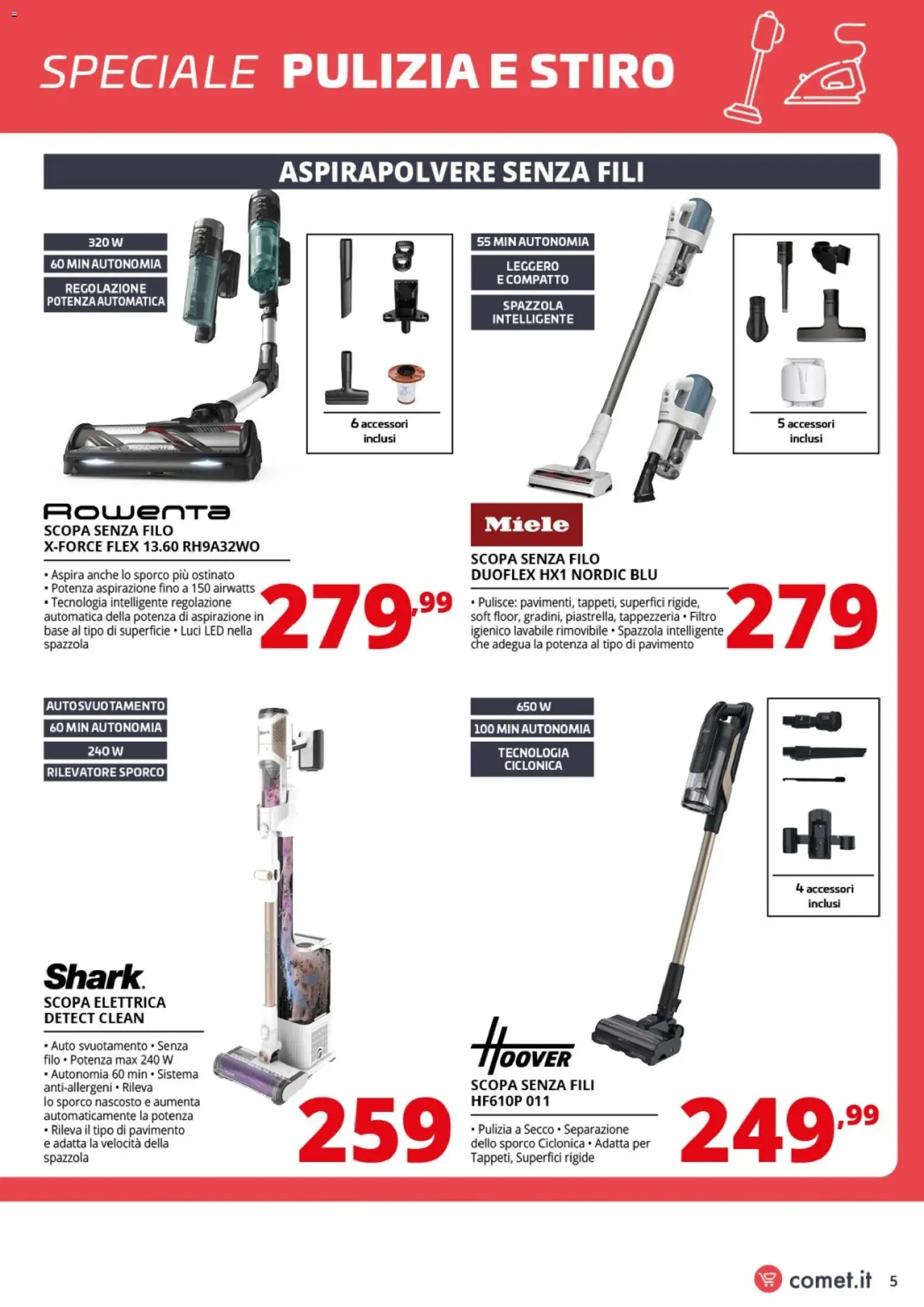Volantino Comet del 13.04.2026 | Pagina: 5 | Prodotti: Scopa elettrica, Aspirapolvere senza fili, Scopa, Miele