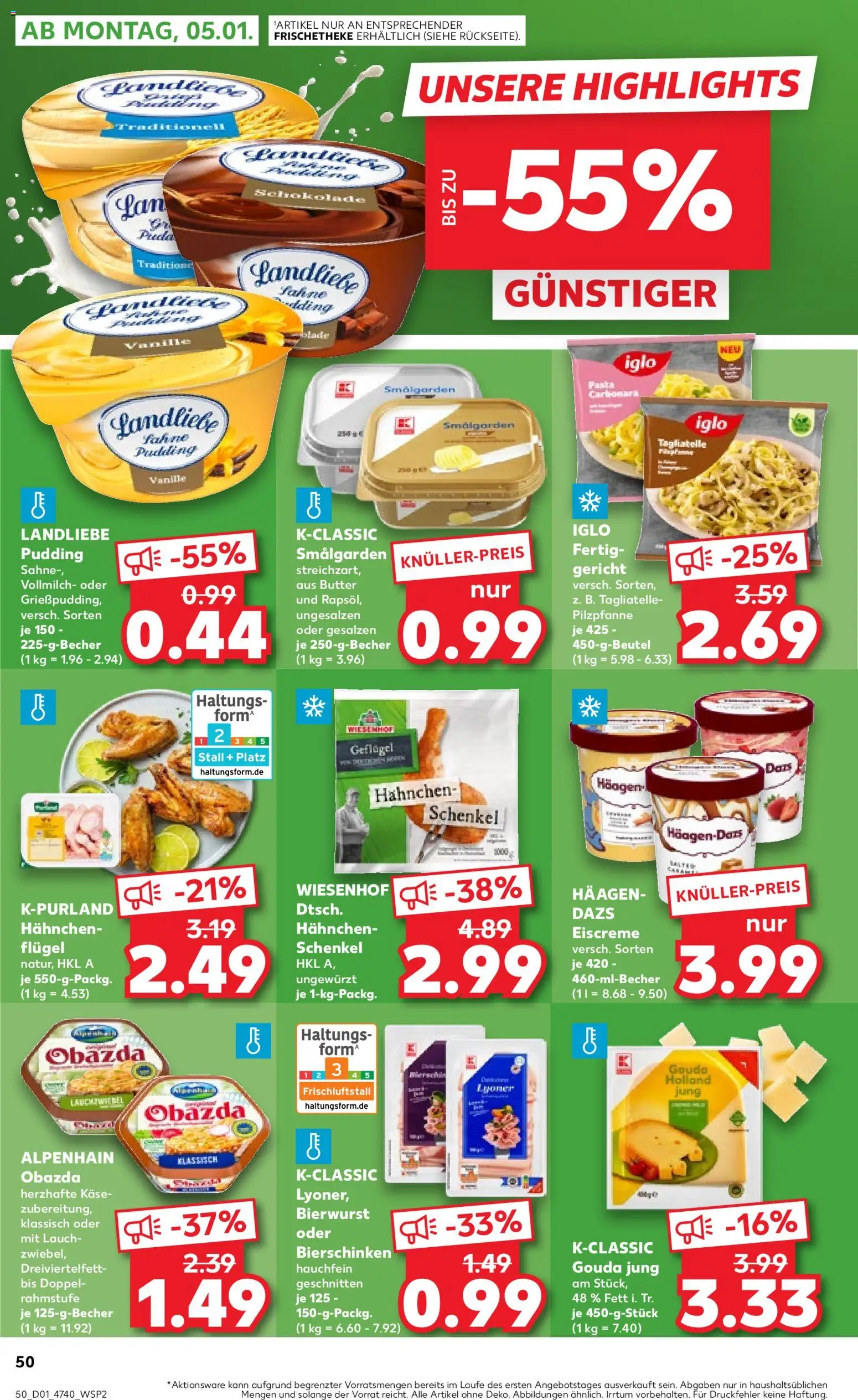 Kaufland prospekt Hannover	 – gültig ab 02.01.2026 | Seite: 50 | Produkte: Hahnchen, Iglo, Pudding, Sahne