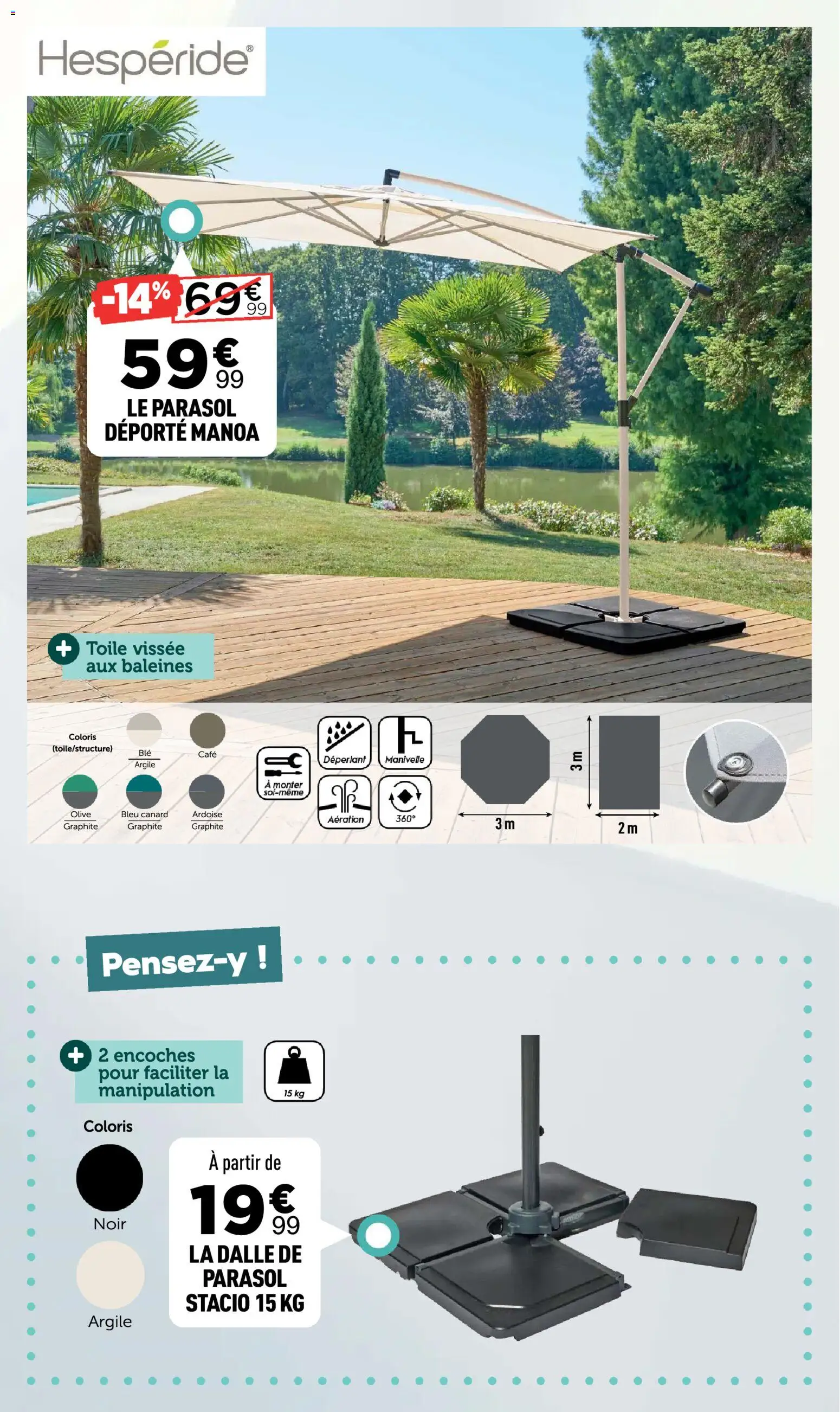 {H1} | Page: 20 | Produits: Olive, Parasol déporté, La dalle de parasol, Parasol