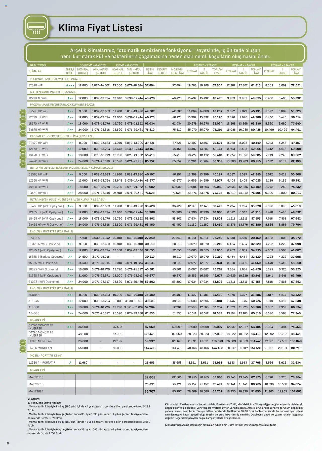 Arçelik İklimlendirme Kataloğu - 16.09.2025 tarihinden itibaren geçerlidir | Sayfa: 6 | Ürünler: Baskı, Bağlayıcı, Klima
