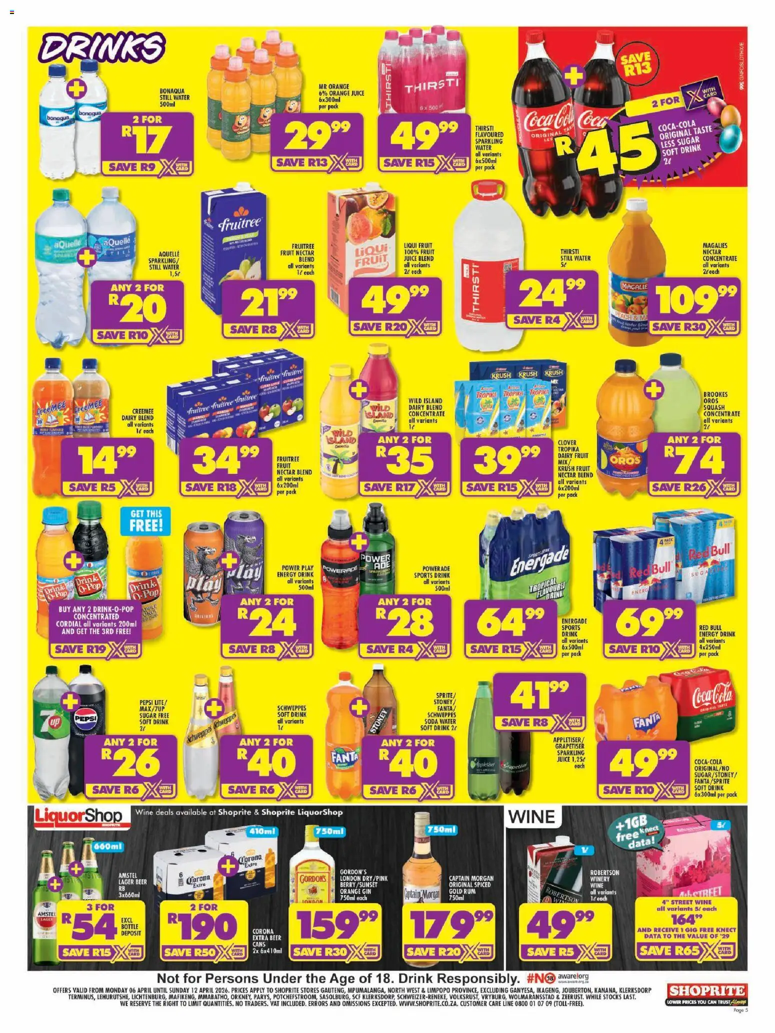 New Shoprite catalogue – valid from 06.04.2026 | Page: 5 | Products: Squash, Wine, Fanta, Stoney