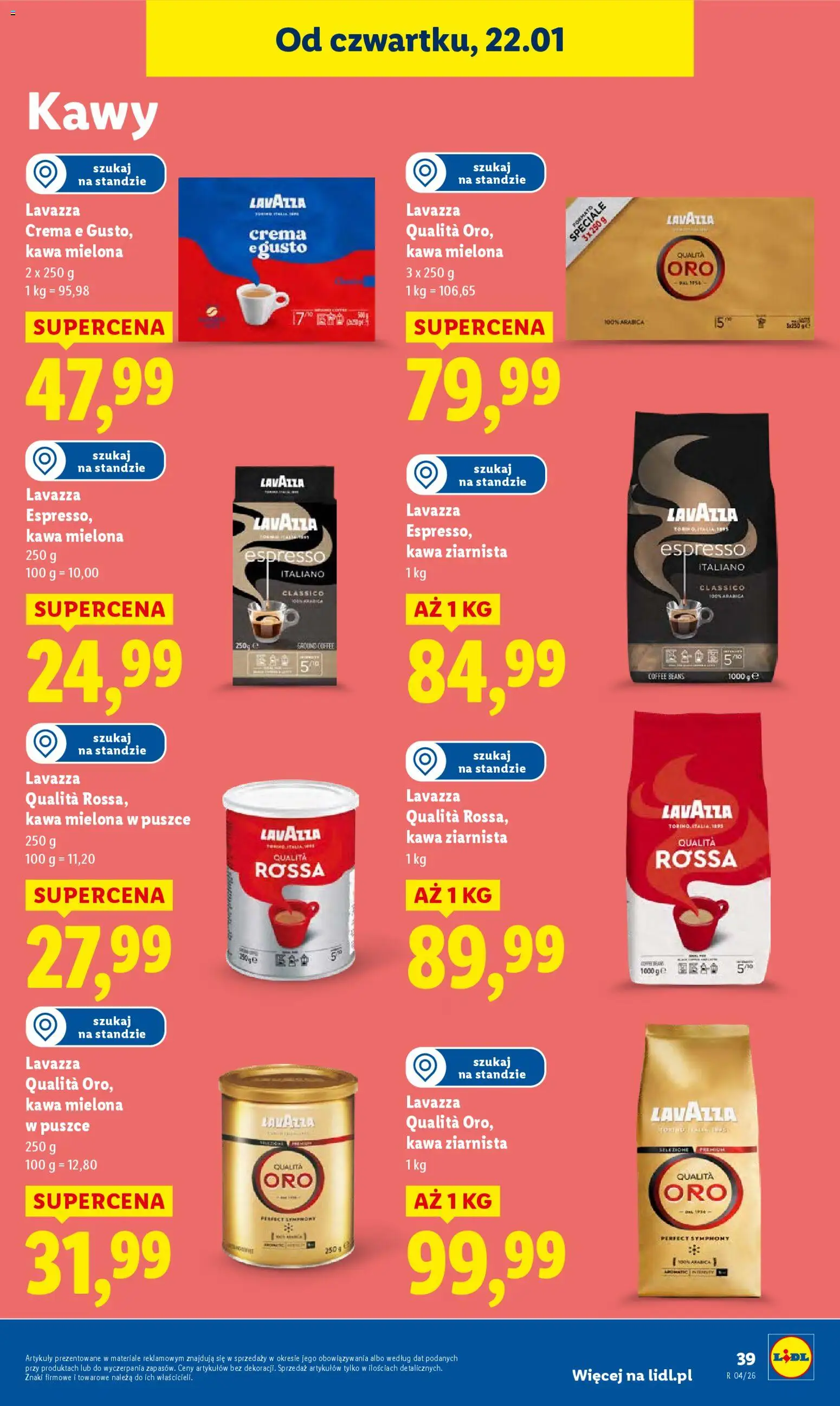Lidl Gazetka od 22.01.2026 | Strona: 39 | Produkty: Lavazza crema, Kawa ziarnista Lavazza, Lavazza, Kawa