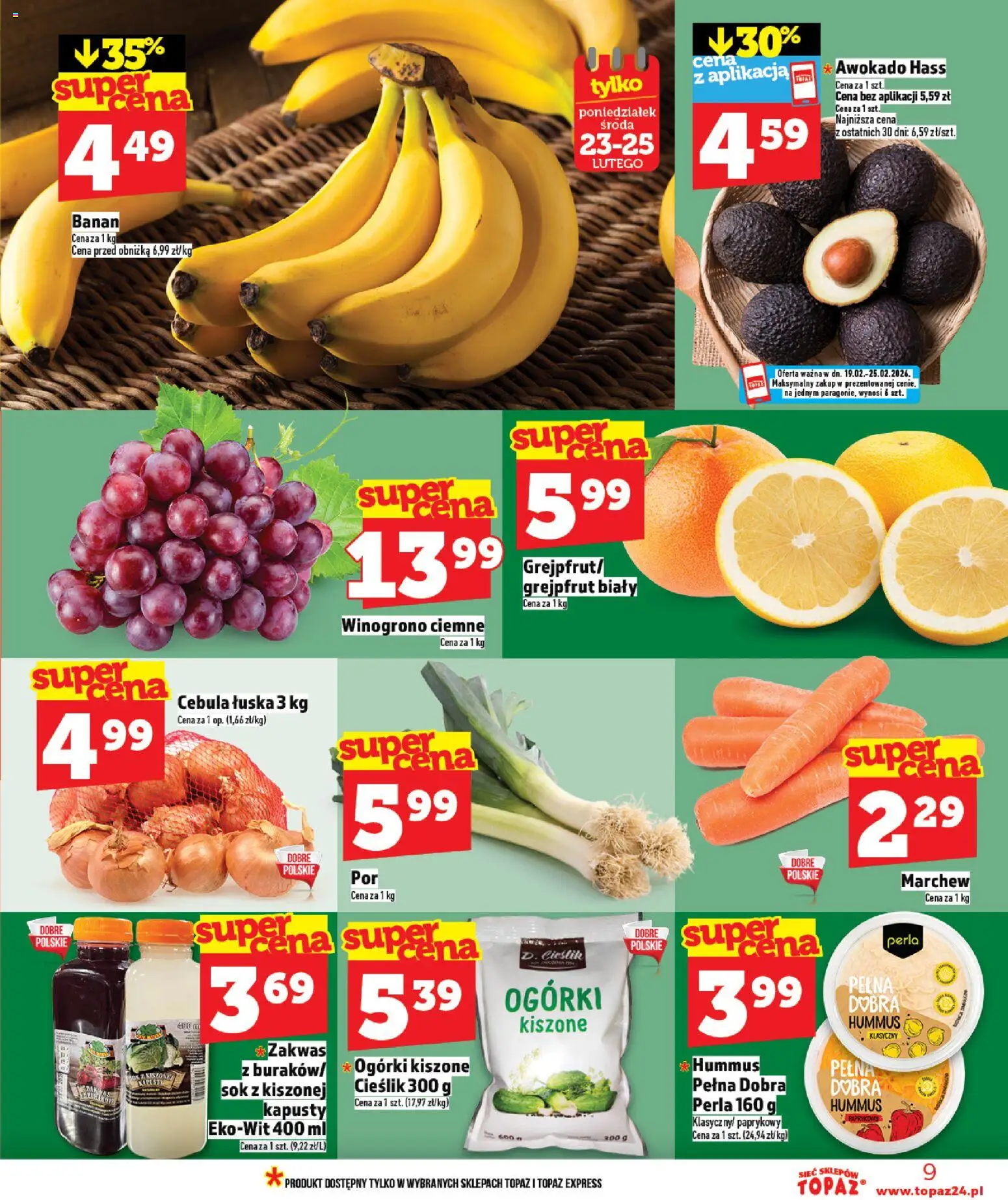 Topaz Gazetka MAZ od 19.02.2026 | Strona: 9 | Produkty: Winogrono, Hummus, Ogórki, Awokado