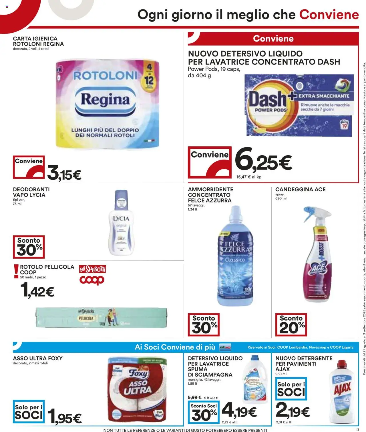 Volantino COOP del 21.08.2025 | Pagina: 13 | Prodotti: Carta igienica, Detergente, Candeggina, Pellicola