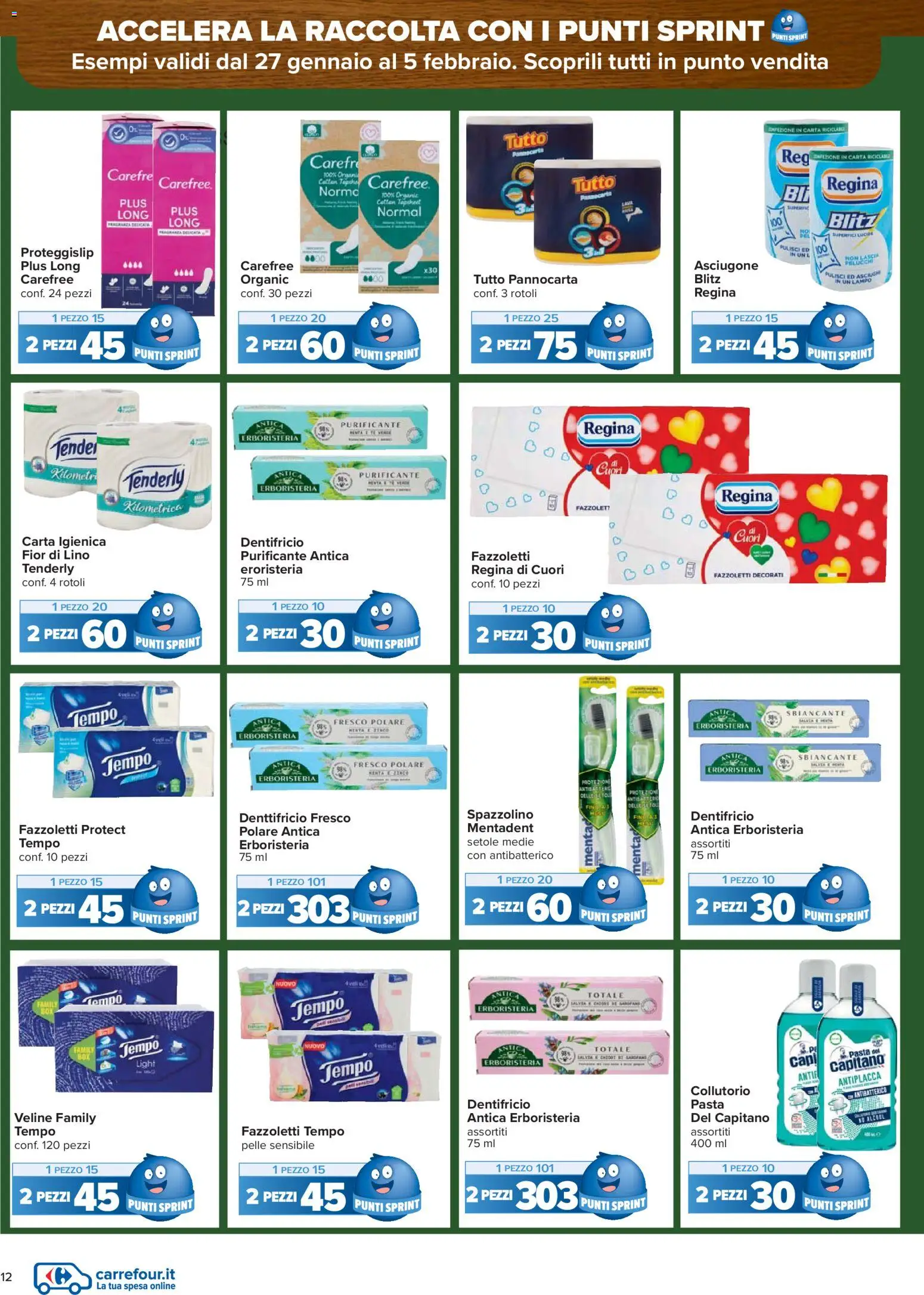 Volantino Carrefour del 27.01.2026 | Pagina: 12 | Prodotti: Carta igienica, Dentifricio, Veline, Fazzoletti