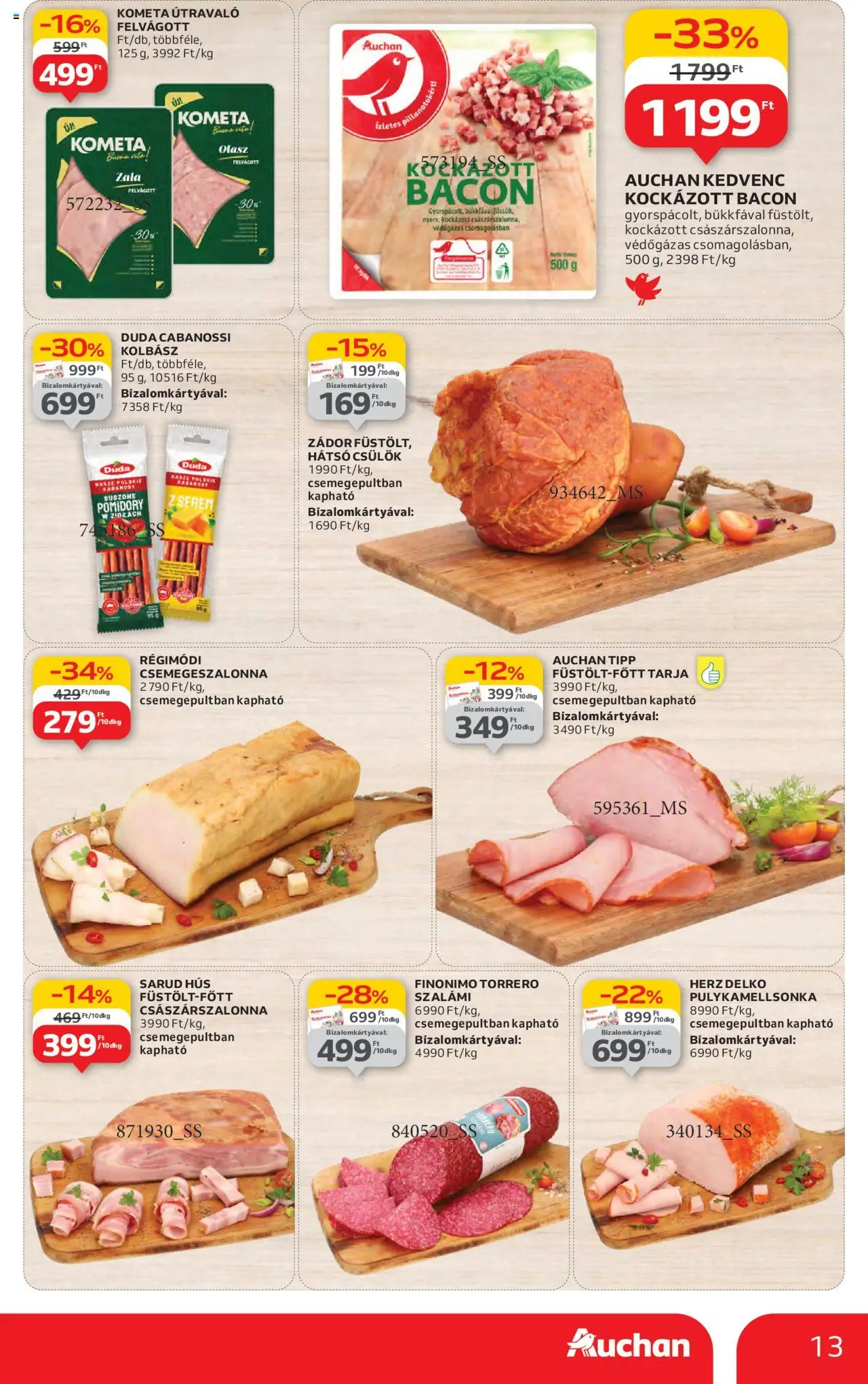 Auchan akciós ujság - amely érvényes a következő dátumtól: 19.06.2025 | Oldal: 13 | Termékek: Kolbász, Hús, Bacon, Császárszalonna
