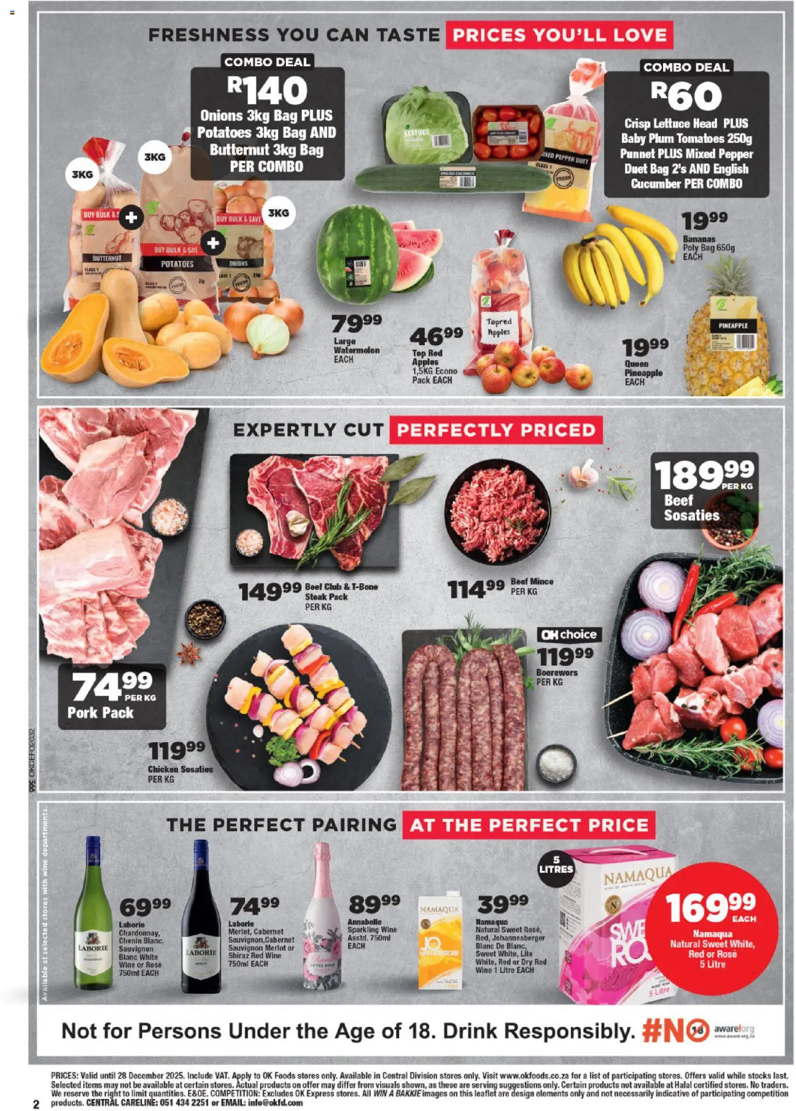 New OK Foods catalogue – valid from 10.12.2025 | Page: 2 | Products: Steak, Chicken, Bananas, Onions