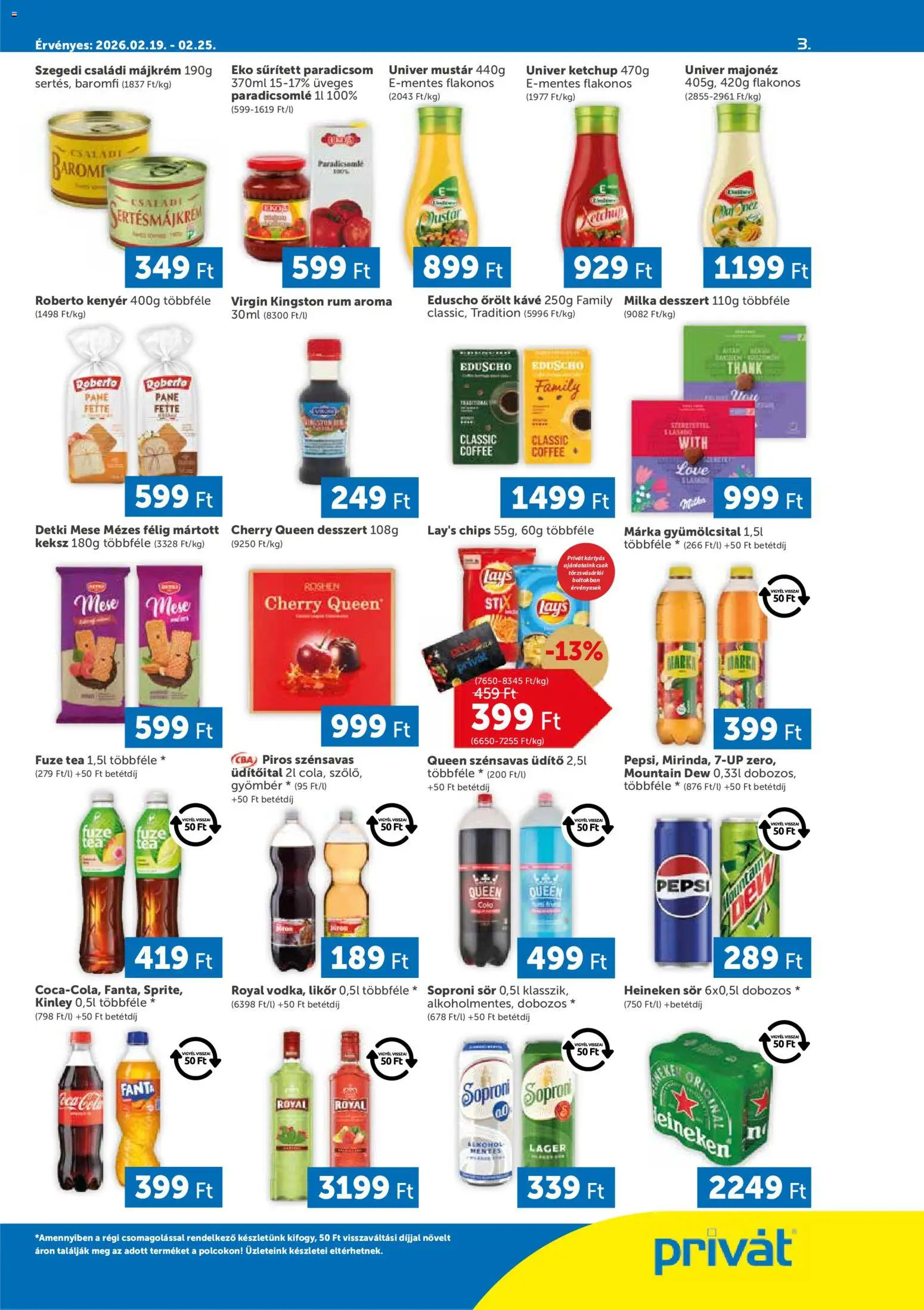 PRIVÁT akciós ujság - amely érvényes a következő dátumtól: 19.02.2026 | Oldal: 3 | Termékek: Gyümölcsital, Fanta, Gyömbér, Coca Cola