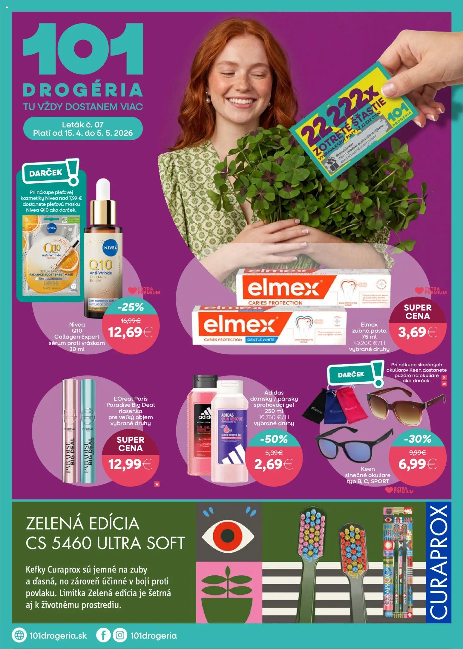 Nové 101 drogerie akcie – leták je platný od 15.04.2026 | Strana: 1 | Produkty: Nivea, Zubná pasta, Adidas, Okuliare