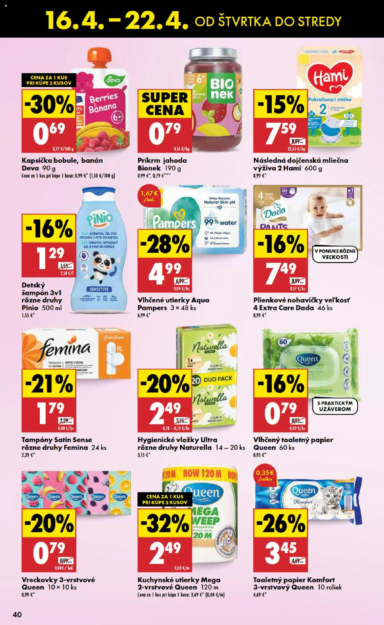 Nové Biedronka akcie – leták je platný od 16.04.2026 | Strana: 40 | Produkty: Šampón, Toaletný papier, Nohavičky, Pampers