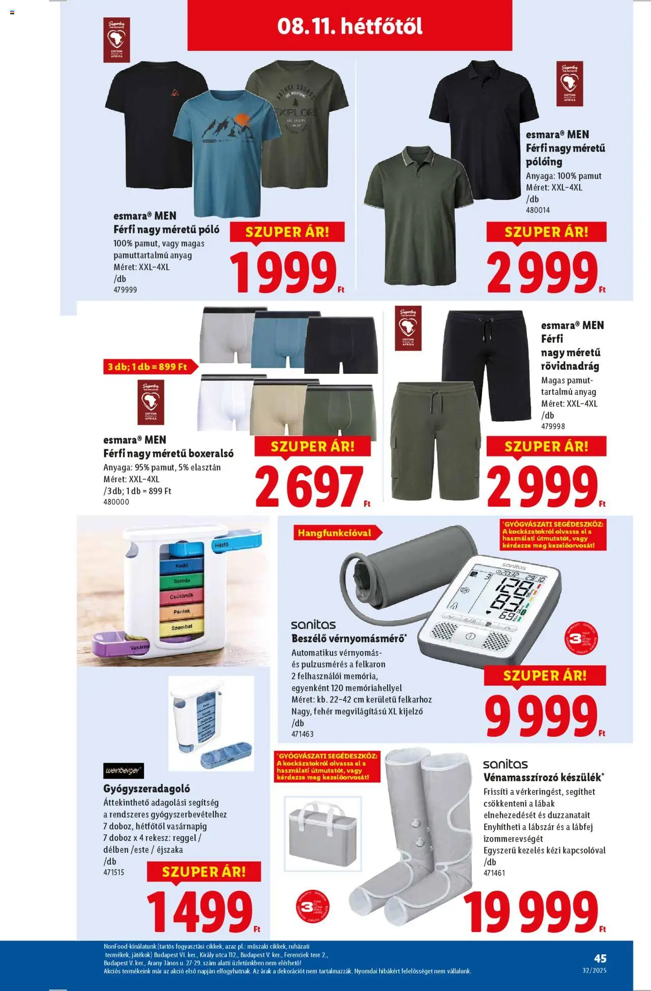 Lidl akciós ujság - amely érvényes a következő dátumtól: 07.08.2025 | Oldal: 45 | Termékek: Vérnyomásmérő, Pólóing, Doboz, Rövidnadrág