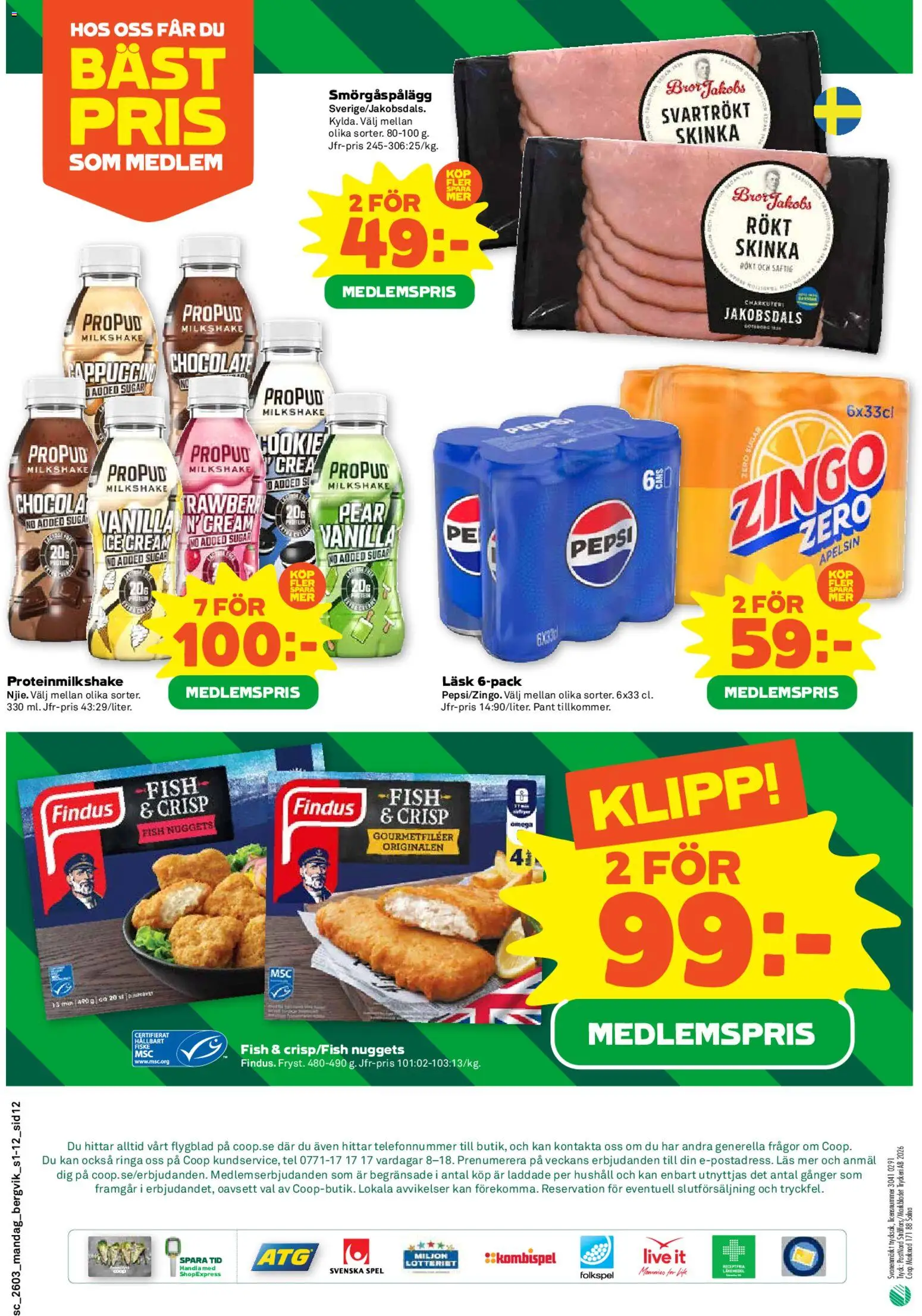 Stora Coop reklamblad aktuell från 12.01.2026 | Sida: 12 | Produkter: Zingo, Pepsi, Skinka, Spel