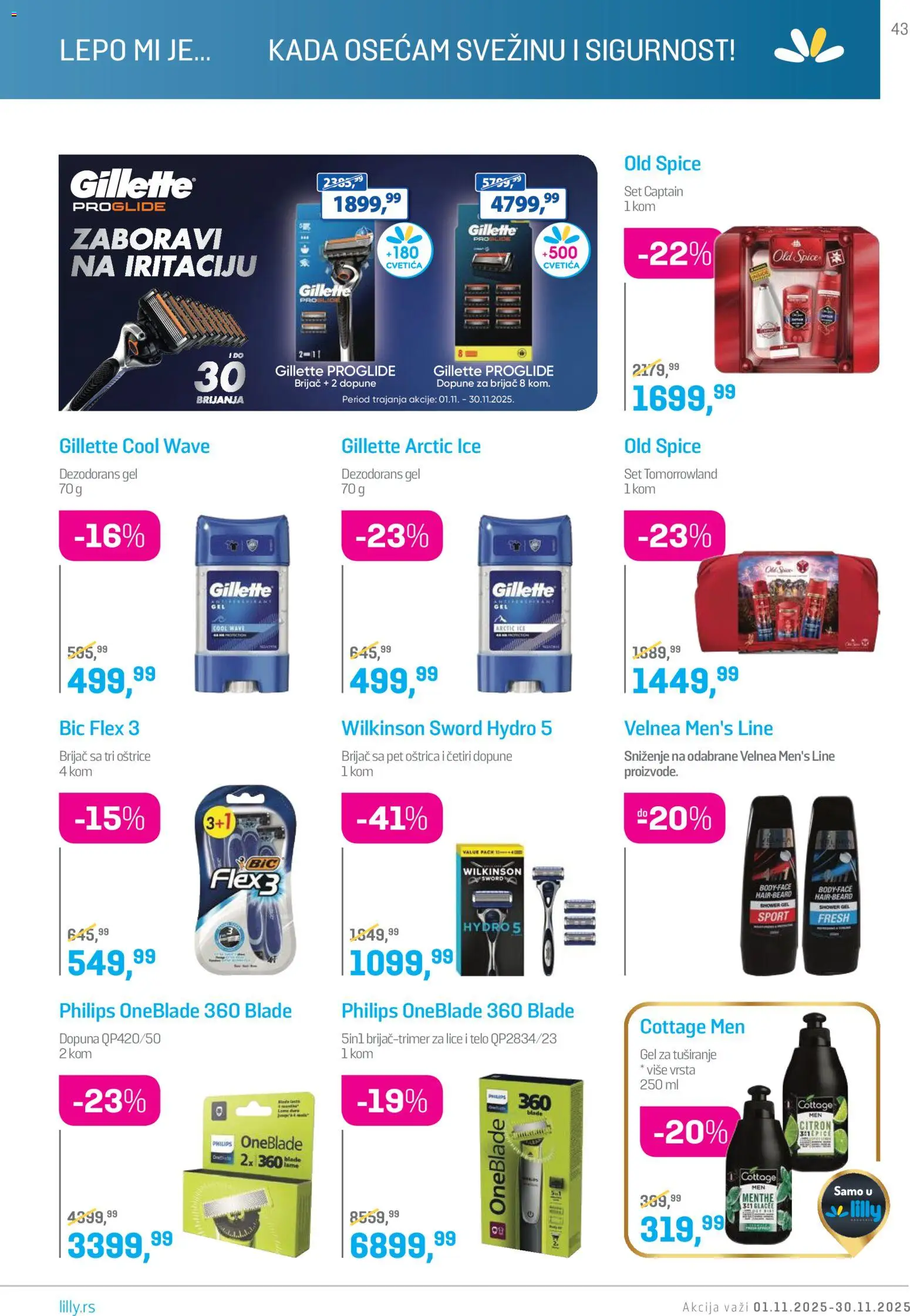 Lilly drogerie katalog - važi od 01.11.2025 | Strana: 43 | Proizvode: Gillette, Brijač, Gel za tuširanje, Dezodorans