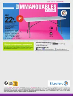 E.Leclerc - Prévisualisation de TABLE PLIANTE "FOXTER", En polyéthylène haute densité. Dim.: L. 180 x 1.70 x H.74 cm. Pieds en acier. Existe aussi banc pliable Dim.: L. 180 x 1. 28 x H. 43 cm au prix de 17,90 € valide à partir de 24.03.2026 | Page: 63