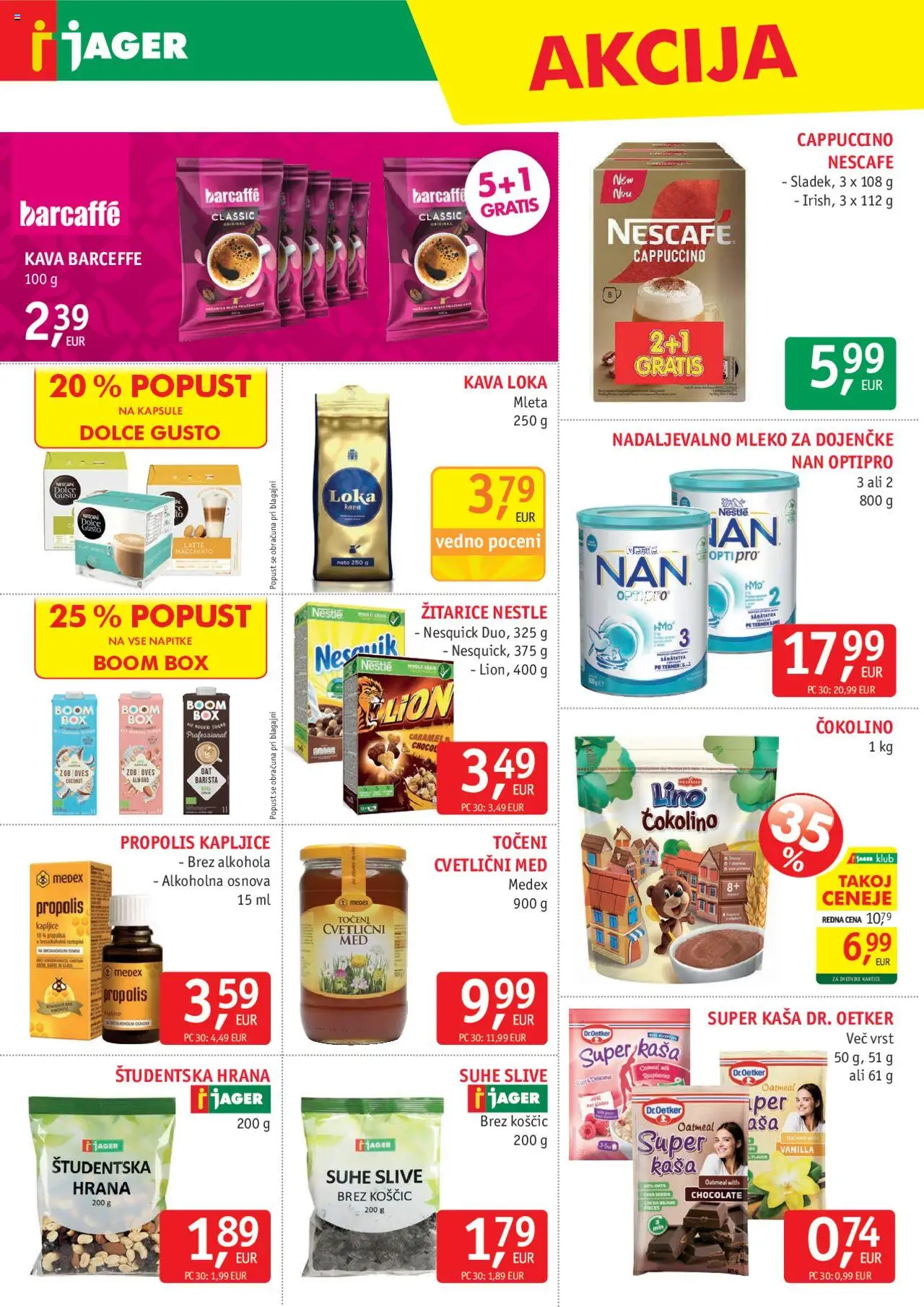 Novi Jager katalog ponudbe – veljaven od 10.09.2025 | Stran: 10 | Izdelki: Čokolino, Suhe slive, Mleko, Kava