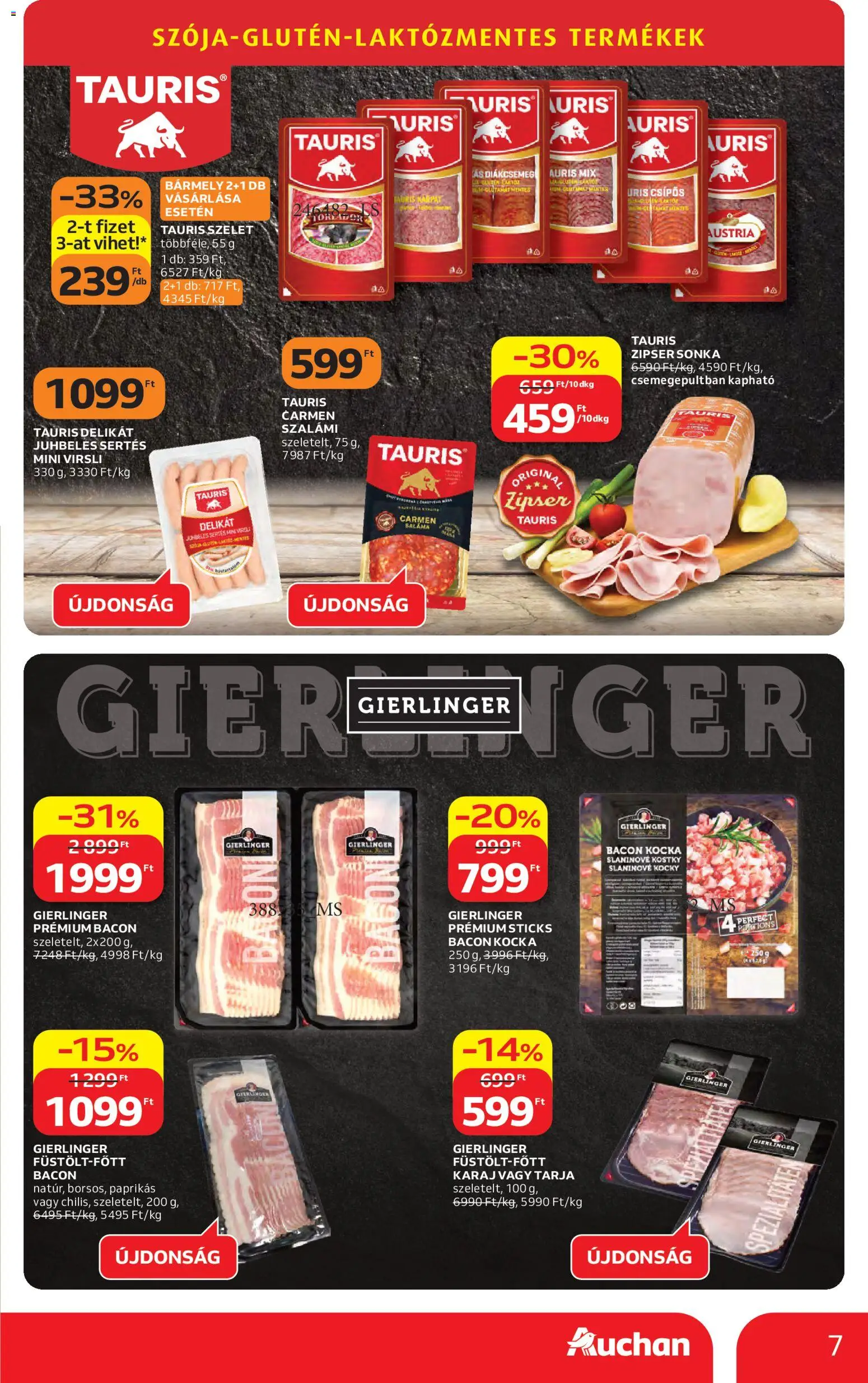 Auchan akciós ujság - amely érvényes a következő dátumtól: 23.04.2026 | Oldal: 7 | Termékek: Virsli, Tarja, Sonka, Szalámi