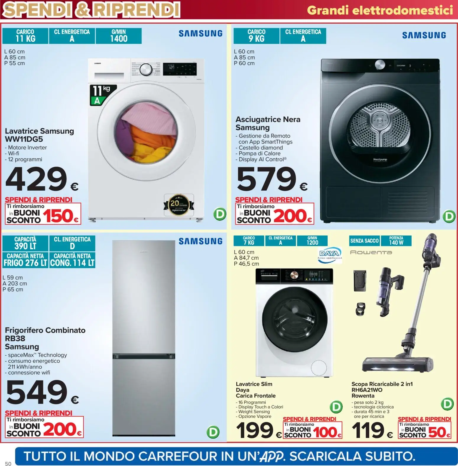 Volantino Carrefour del 16.12.2025 | Pagina: 50 | Prodotti: Lavatrice, Asciugatrice, Scopa, Frigorifero