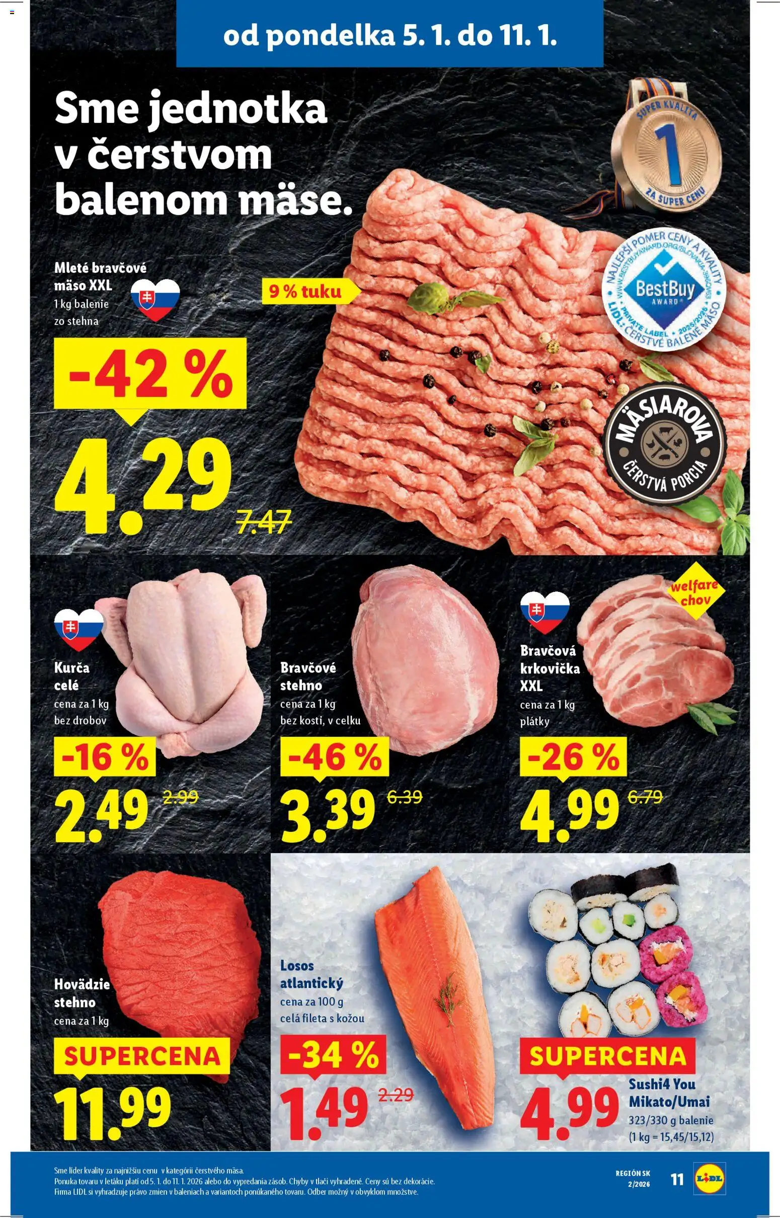 Nové Lidl akcie – leták je platný od 05.01.2026 | Strana: 11 | Produkty: Krkovička, Bravčové mäso, Sushi, Kurča