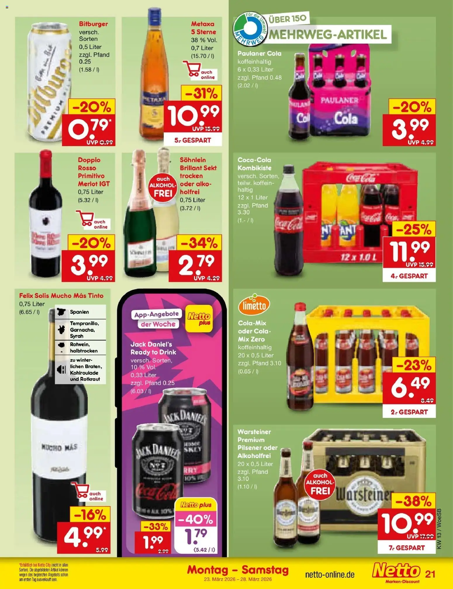 Netto Marken-Discount Prospekt Katzweiler	 – gültig ab 23.03.2026 | Seite: 23 | Produkte: Sekt, Jack Daniel's, Metaxa, Warsteiner