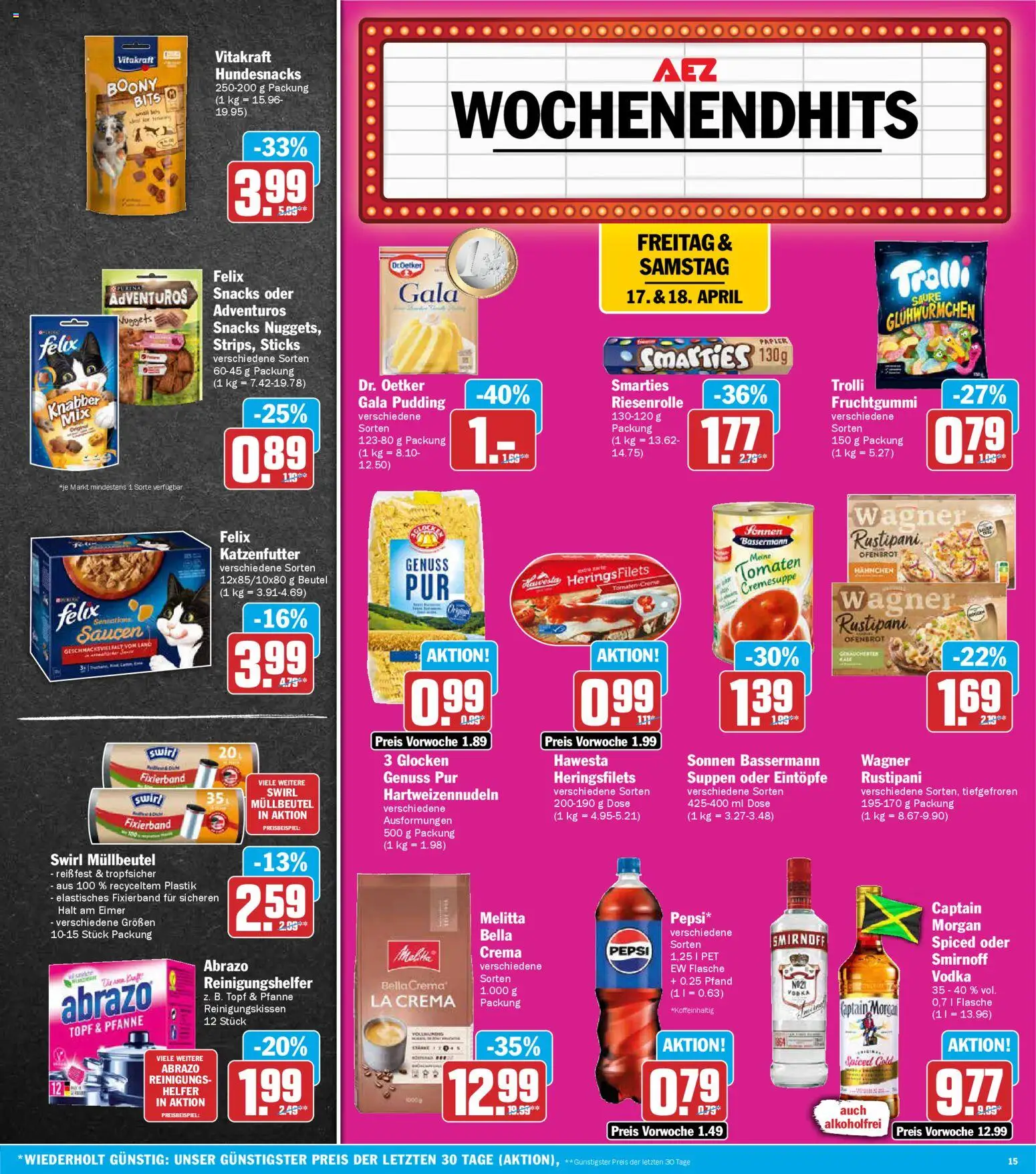 AEZ Prospekt 	 – gültig ab 13.04.2026 | Seite: 15 | Produkte: Hahnchen, Smirnoff, Captain morgan, Pepsi