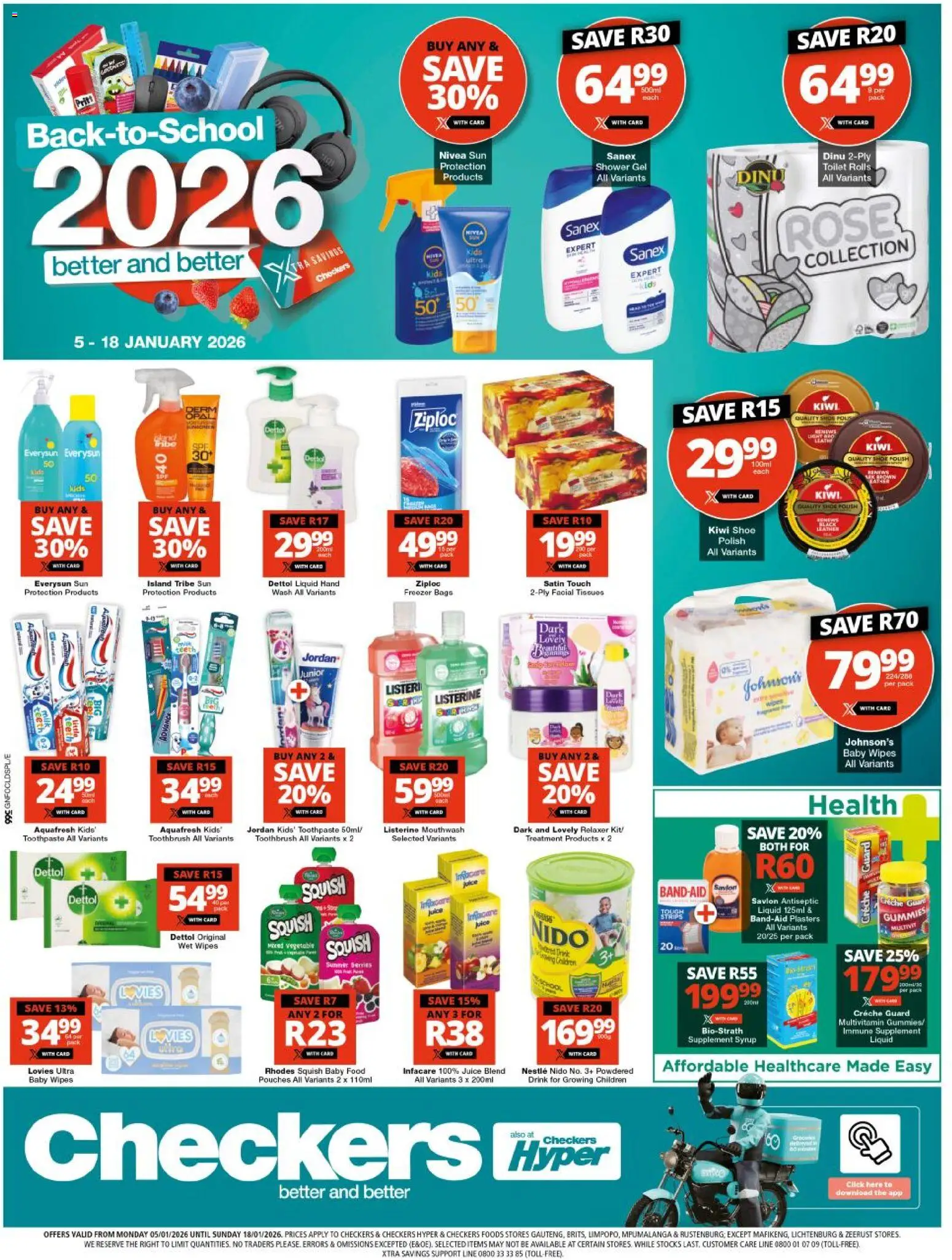 New Checkers catalogue – valid from 05.01.2026 | Page: 1 | Products: Shower, Juice, Relaxer, Toothbrush