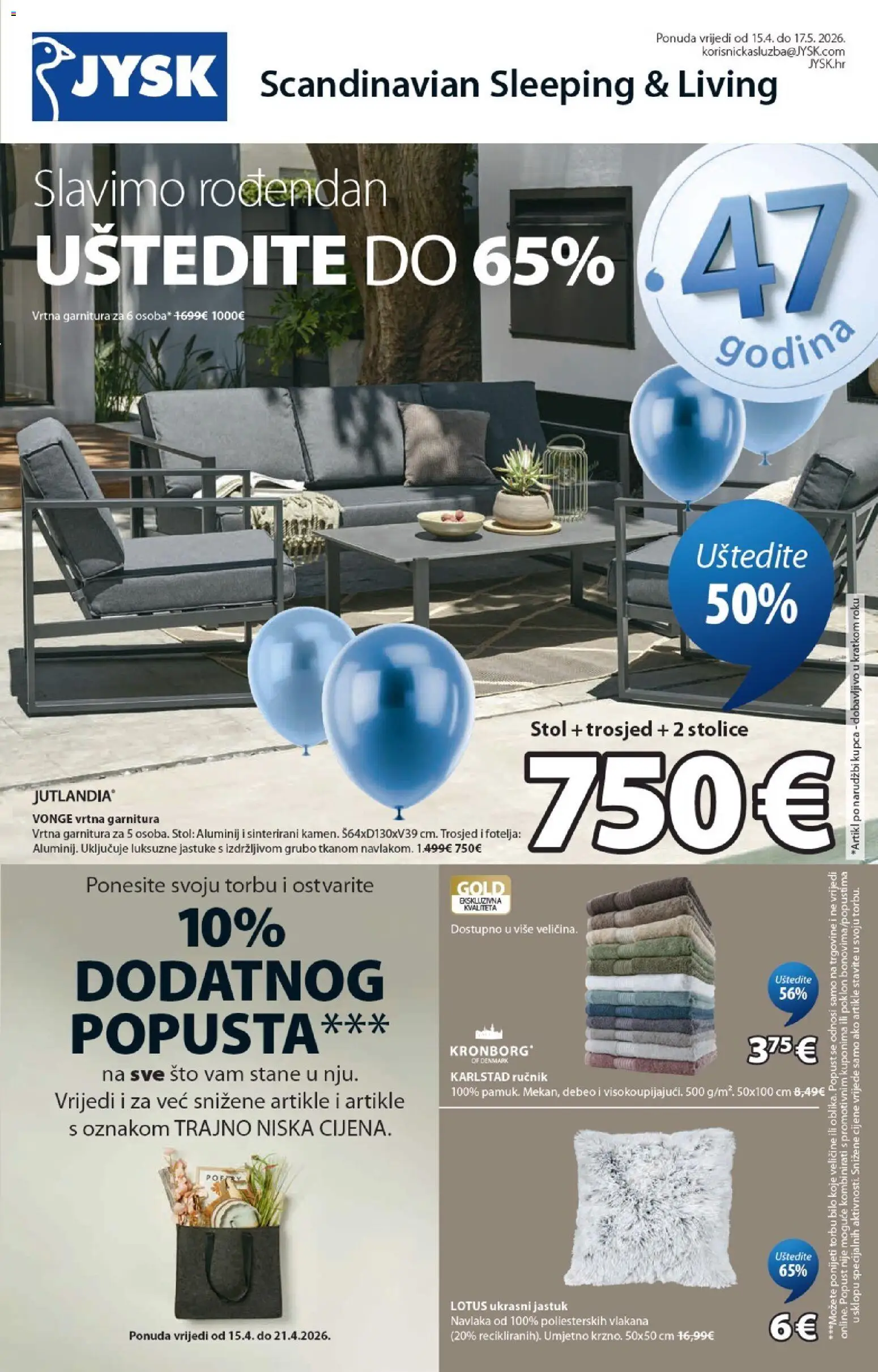 JYSK katalog | vrijedi od 15.04.2026 | Stranica: 1 | Proizvodi: Fotelja, Stol, Vrtna garnitura, Ručnik