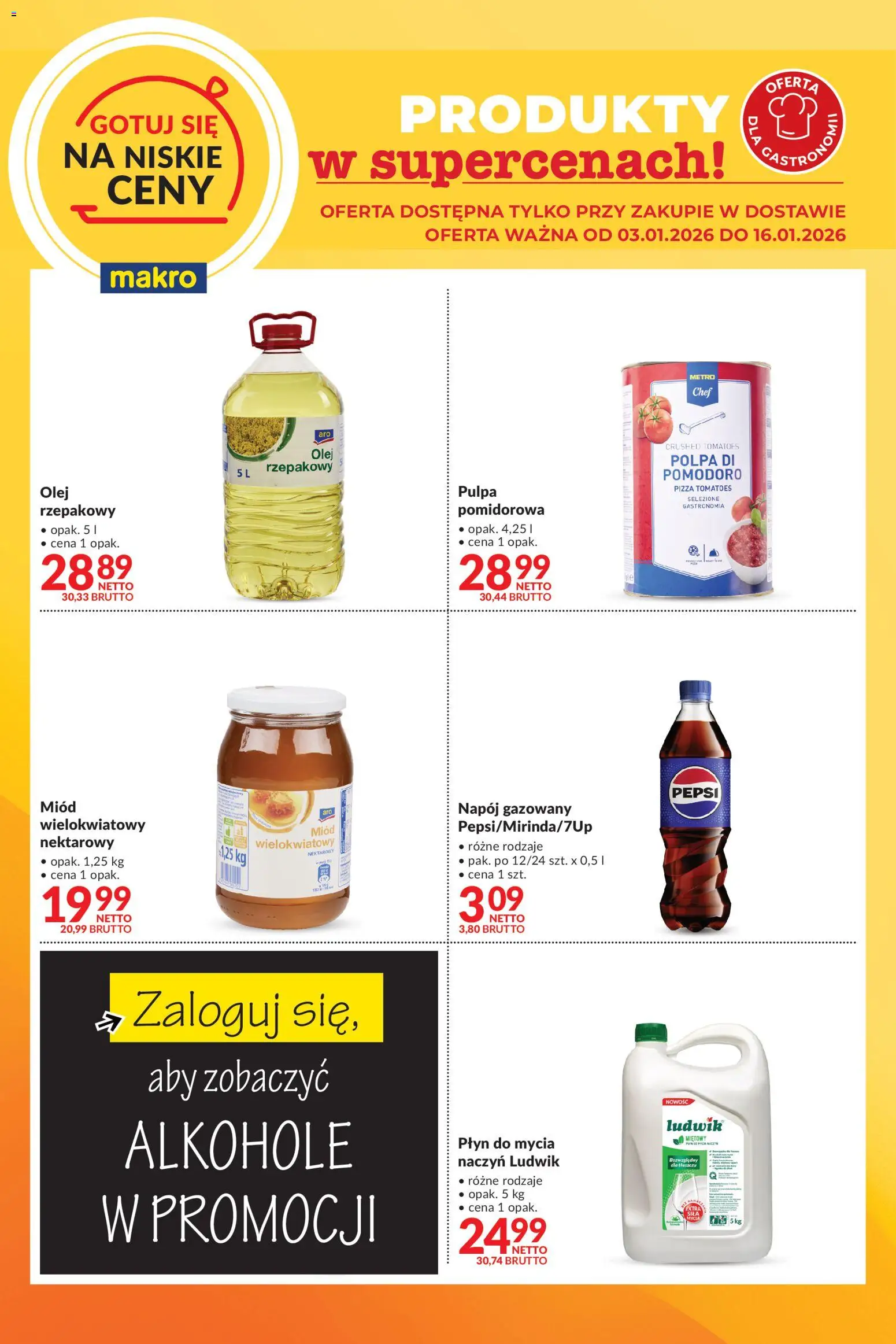 Makro Gazetka - Gotuj się na niskie ceny w dostawie od 03.01.2026 | Strona: 1 | Produkty: Miód, Pepsi, Olej, Pizza