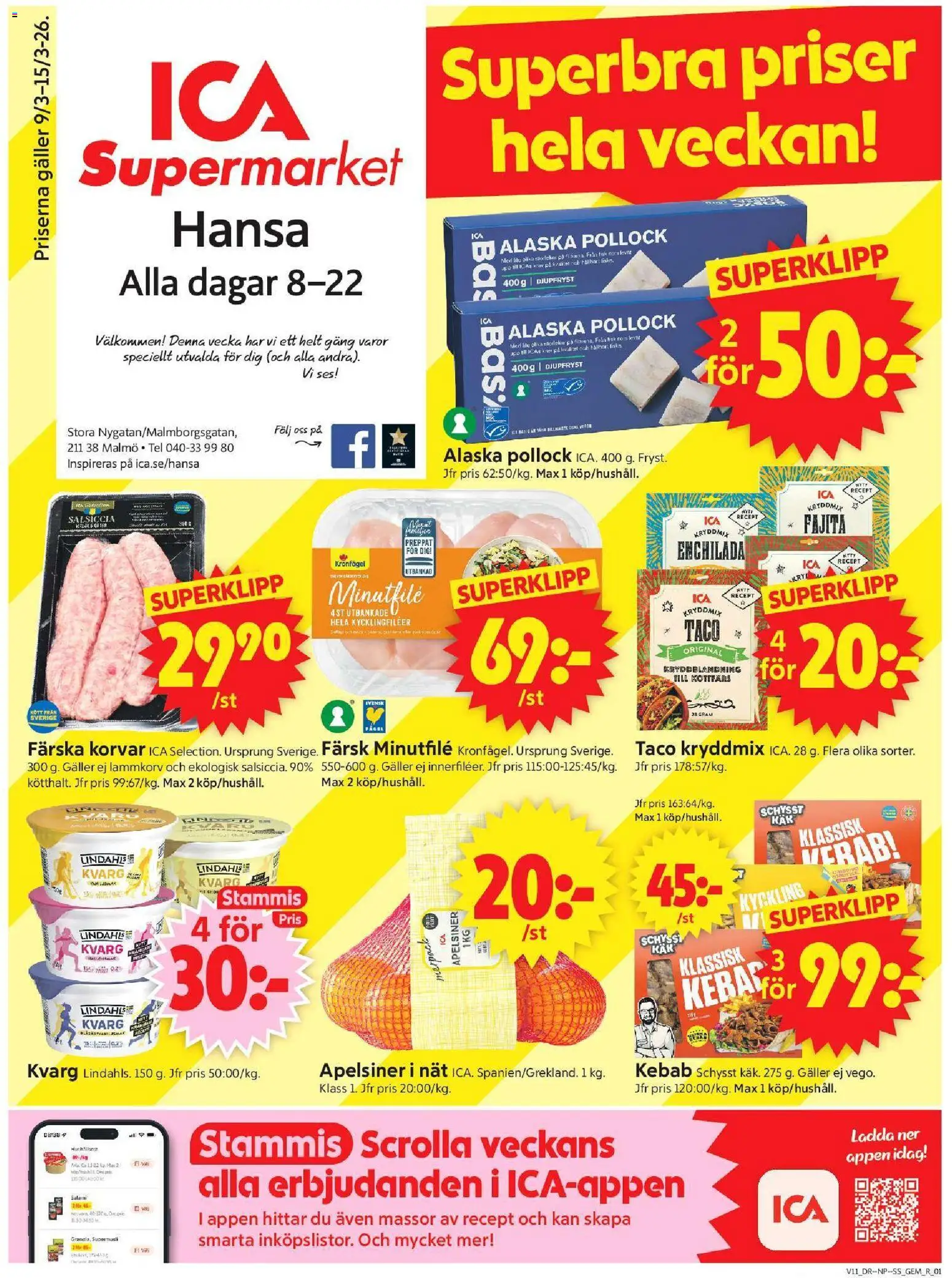 ICA Supermarket reklamblad aktuell från 09.03.2026 | Sida: 1 | Produkter: Gem, Galler, Apelsiner, Kvarg