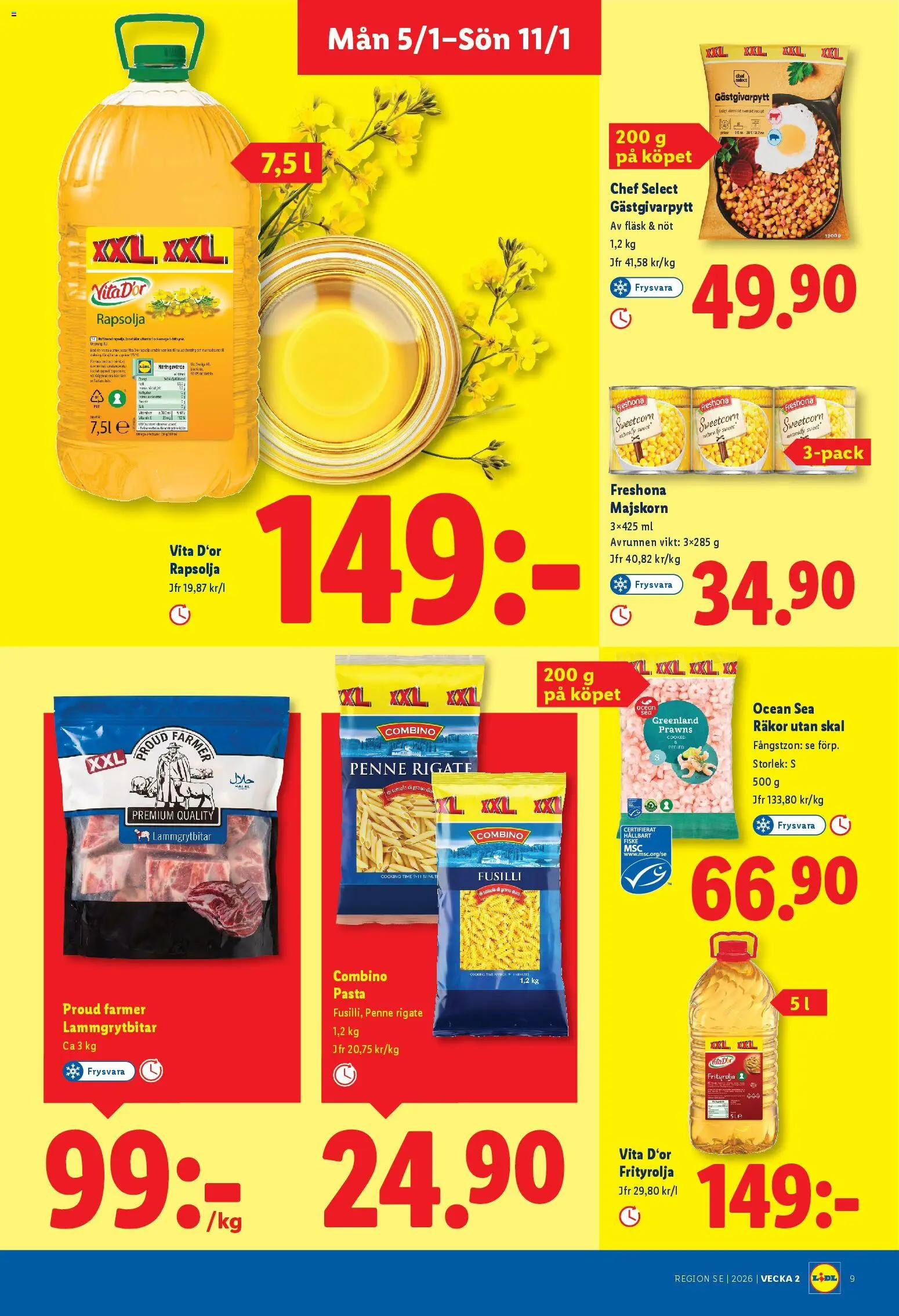 Lidl reklamblad aktuell från 05.01.2026 | Sida: 9 | Produkter: Räkor, Rapsolja, Fläsk, Pasta