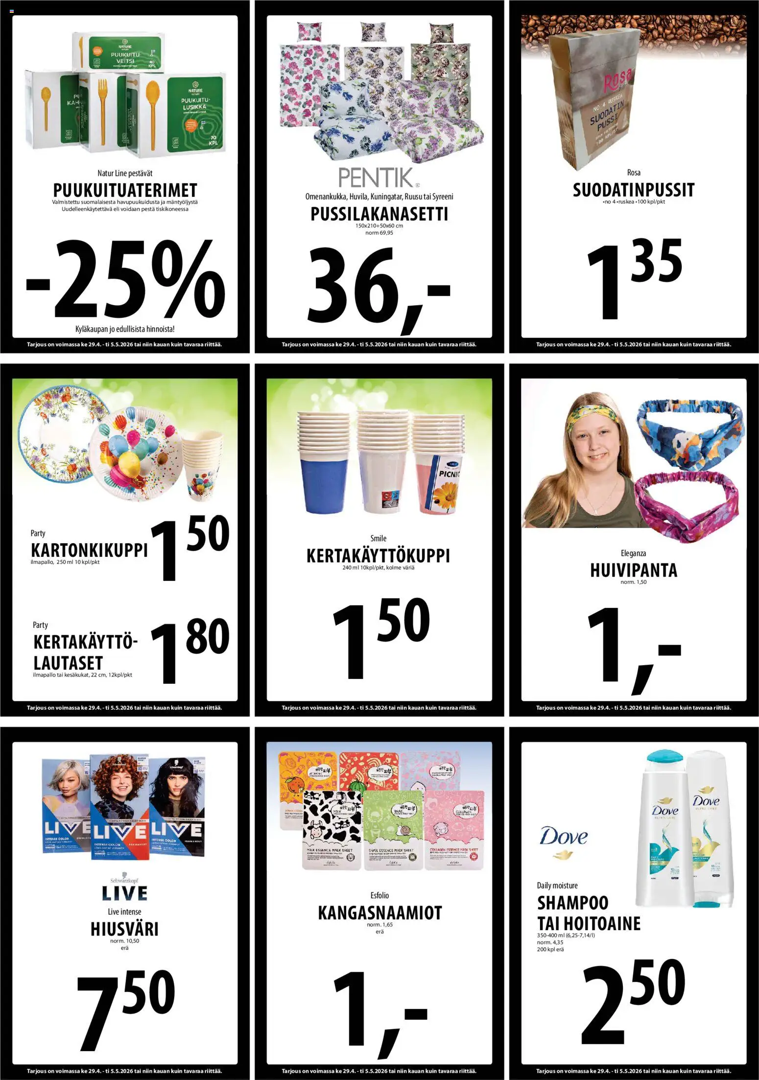 Tuuri tarjoukset – voimassa 29.04.2026 alkaen | Sivu: 15 | Tuotteet: Pussilakanasetti, Veitsi, Hoitoaine, Hiusväri