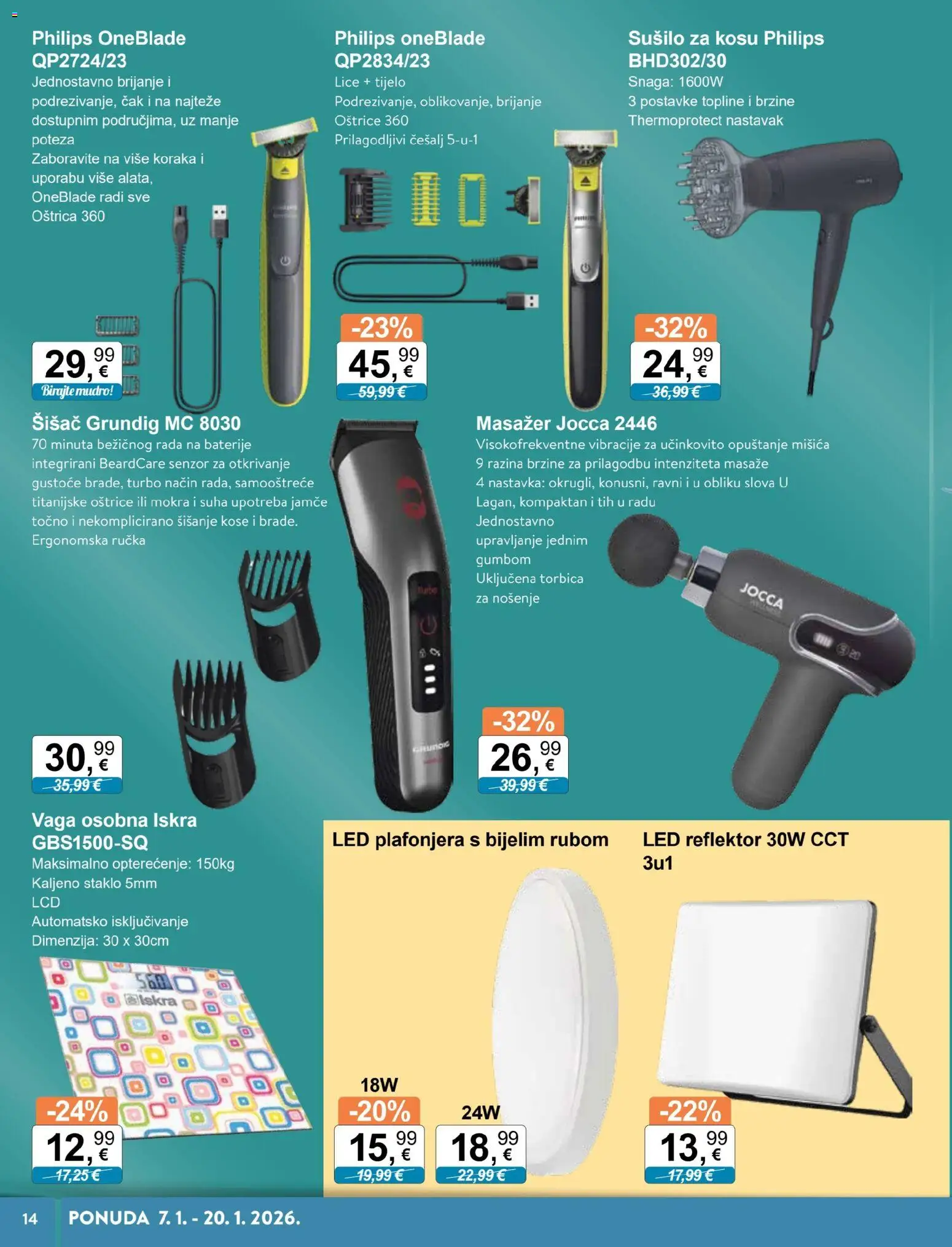 KTC katalog | vrijedi od 07.01.2026 | Stranica: 14 | Proizvodi: Sušilo za kosu, Plafonjera, Torbica, Vaga