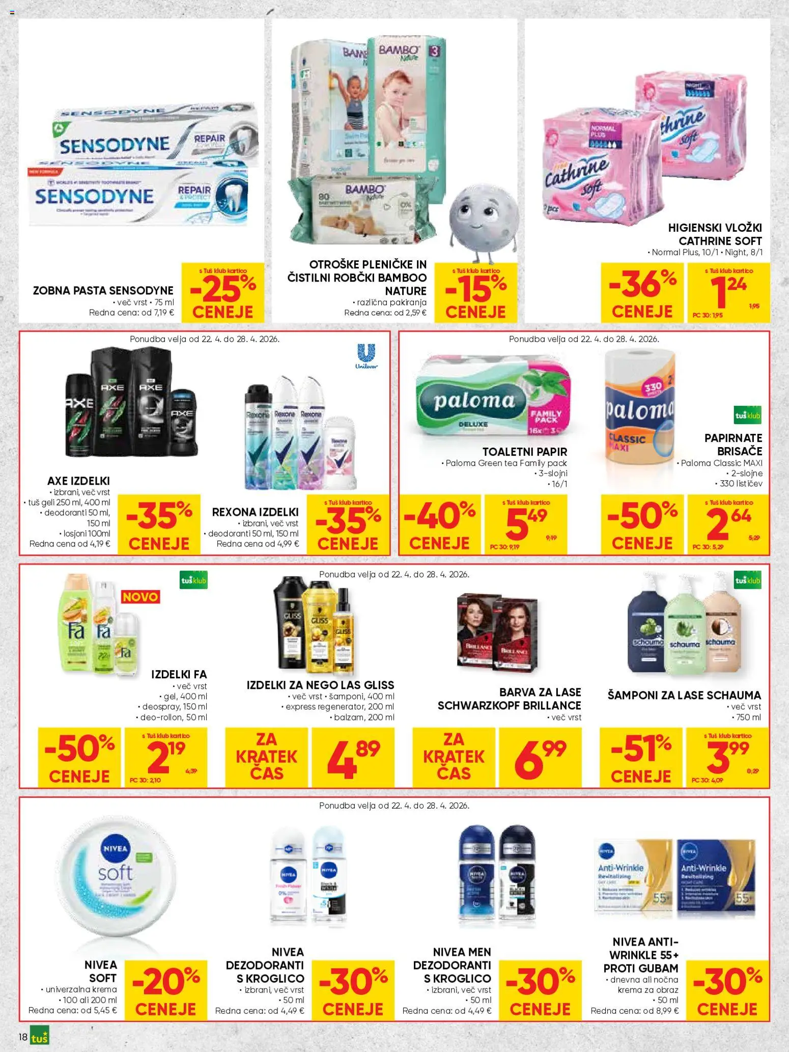 Novi Tuš katalog ponudbe – veljaven od 22.04.2026 | Stran: 18 | Izdelki: Univerzalna krema, Toaletni papir, Barva za lase, Krema
